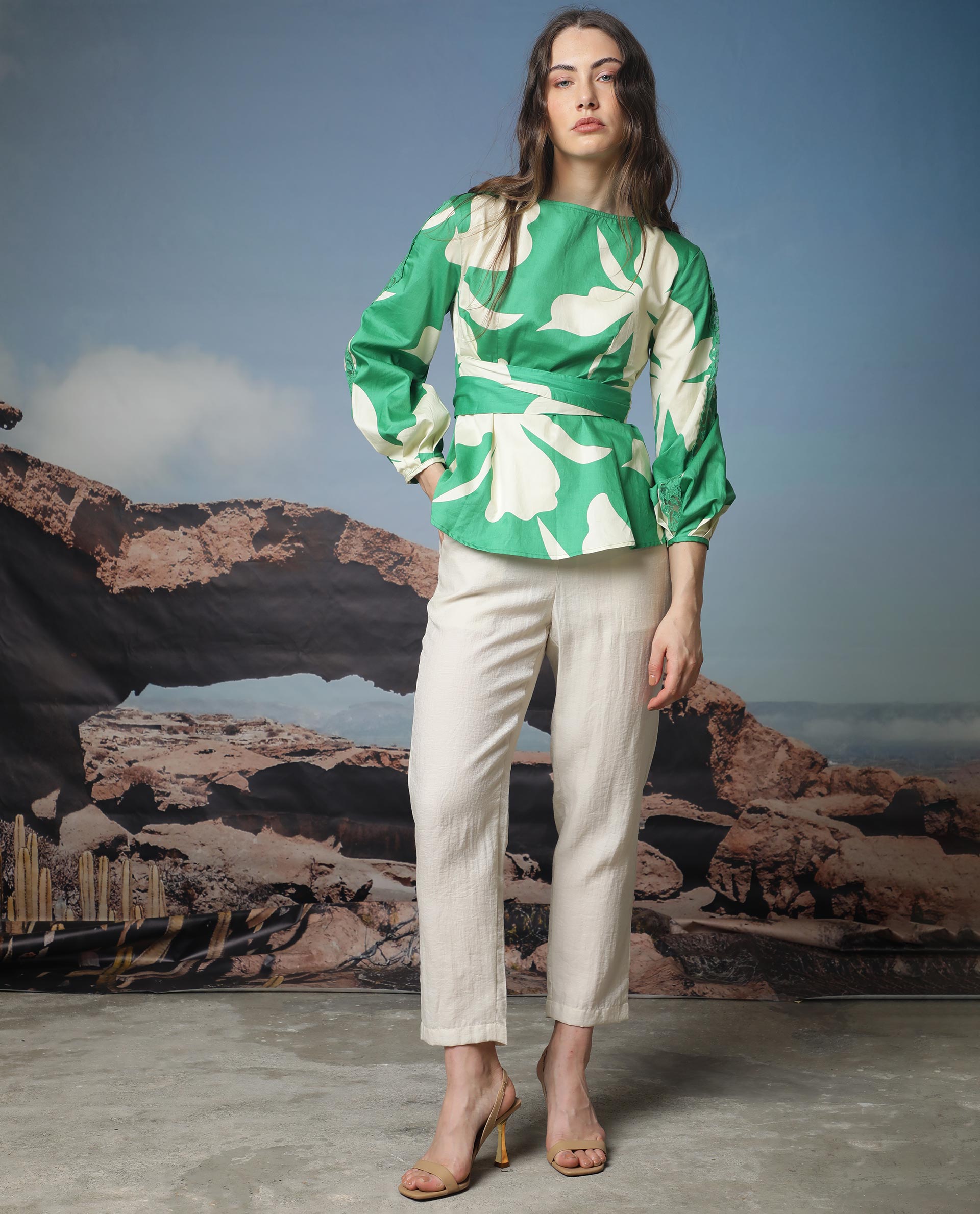 Rareism Women Sloane Green Top Cotton Fabric Full Sleeves Print