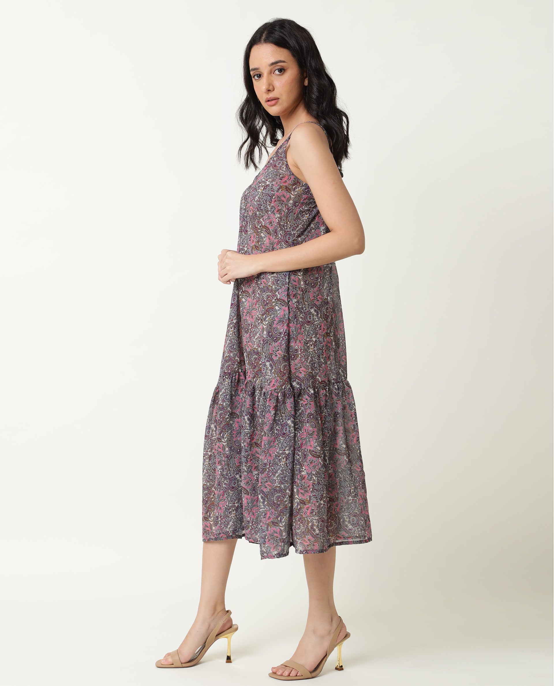 Rareism Women Hilda Pink Abstract Print V Neck Double Spaghetti Straps Tiered Midi Dress