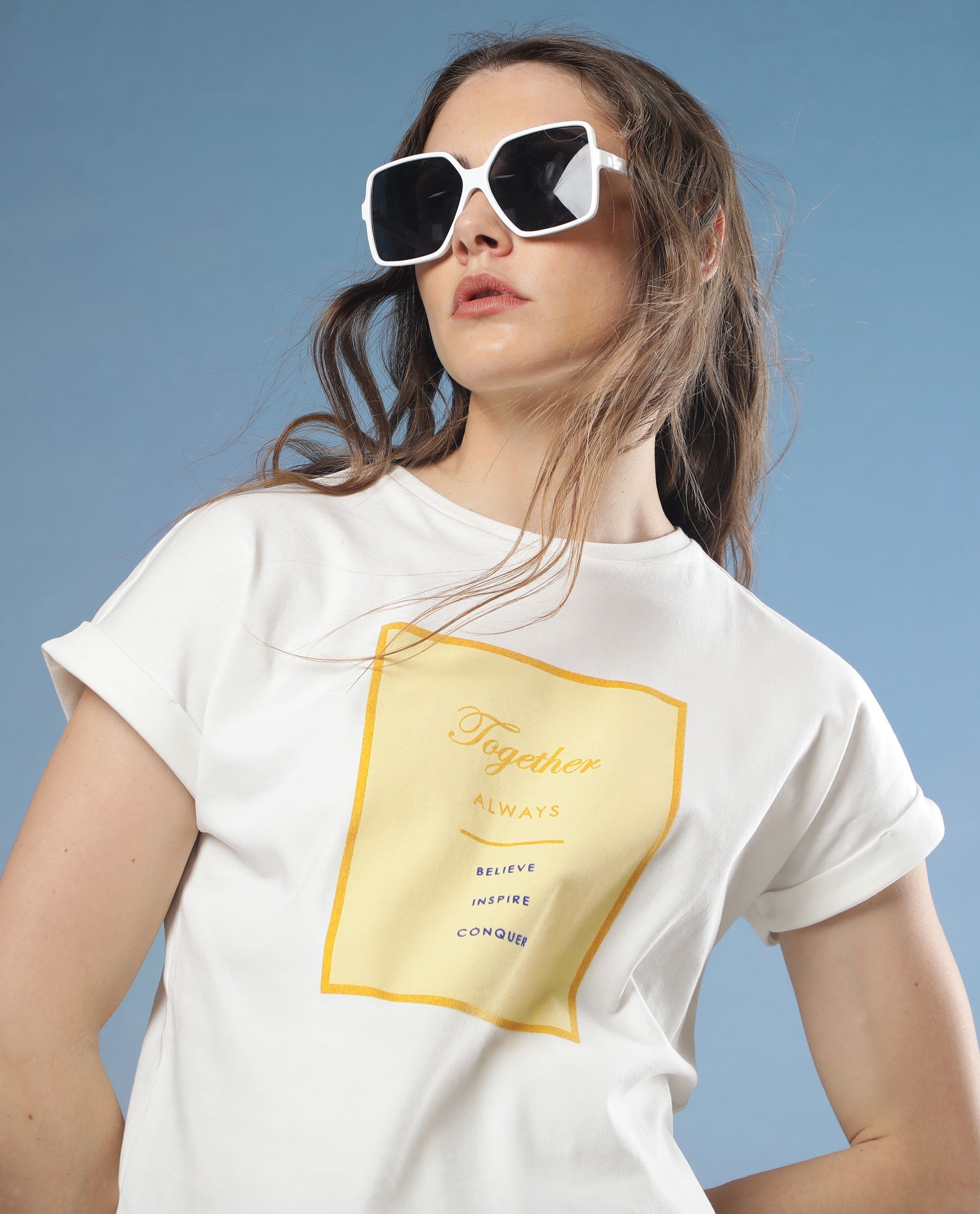 Rareism Women Ira White Cotton Fabric Short Sleeves Crew Neck Regular Fit Graphic Print T-Shirt