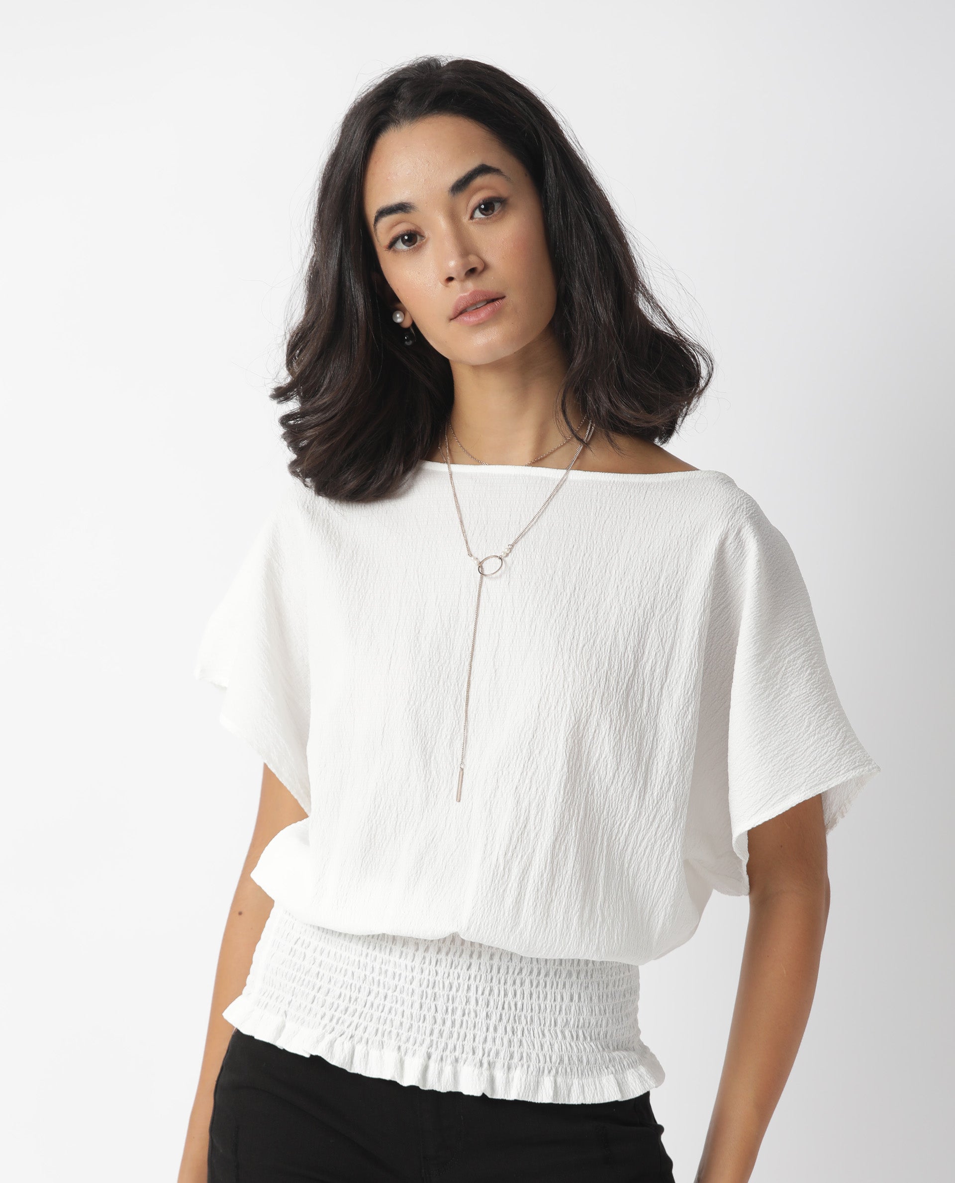 Rareism Womens Battle White Top Viscose Fabric Regular Fit Puff Sleeves Round Neck