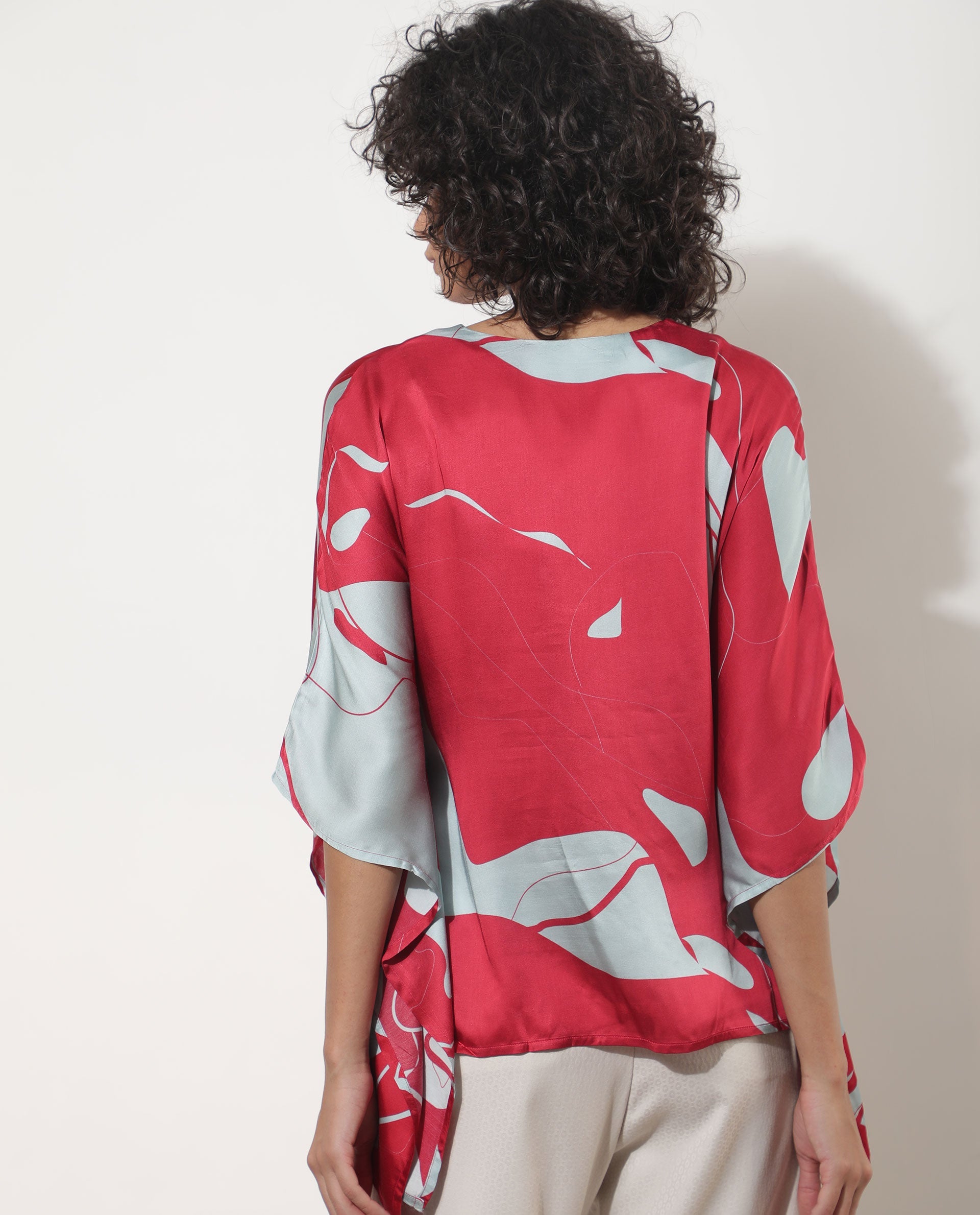 Rareism Women Alyse Maroon Modal Fabric Regular Fit V-Neck Half Sleeves Abstract Print Top