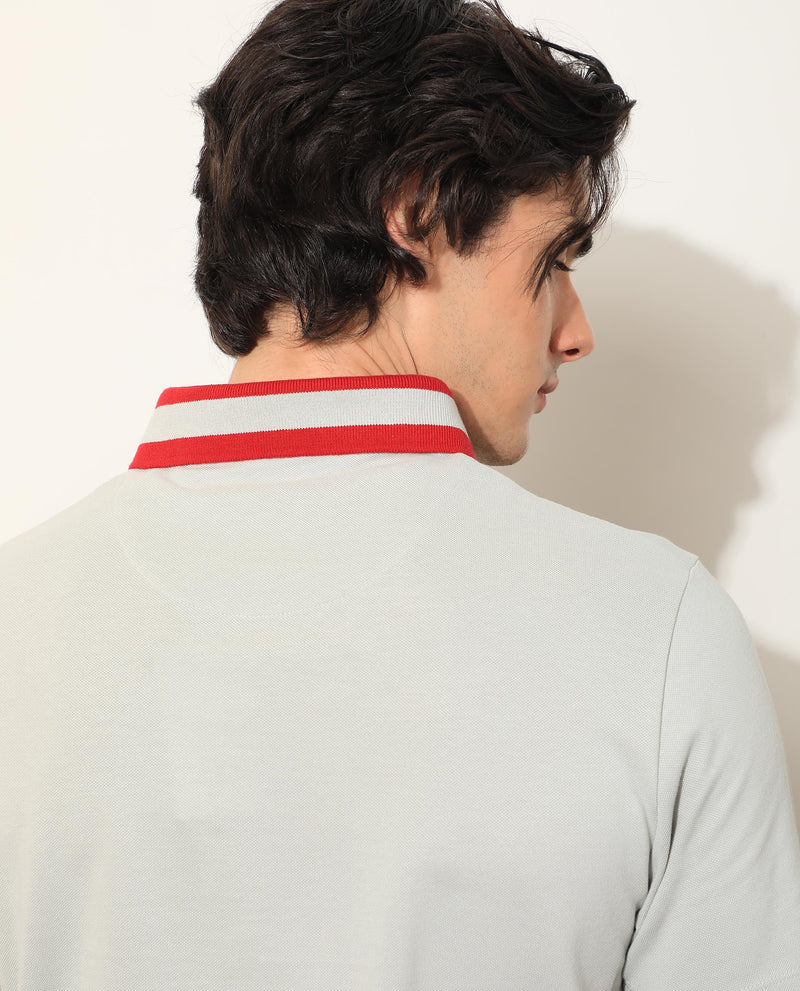 Rare Rabbit Men's Divide Light Grey Cotton Fabric Striped Collar Half Sleeves Polo T-Shirt