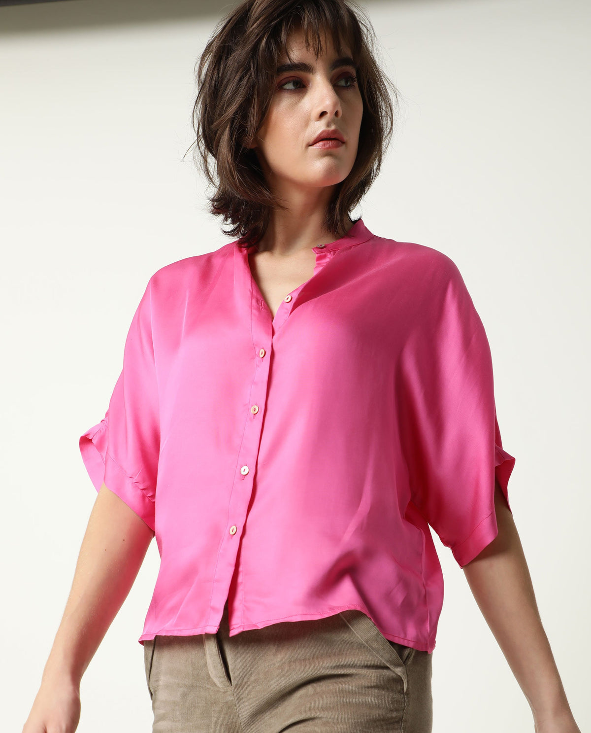 Rareism Womens Paige Pink Top Modal Satin Fabric Regular Fit Kimono Sleeve Mandarin Neck