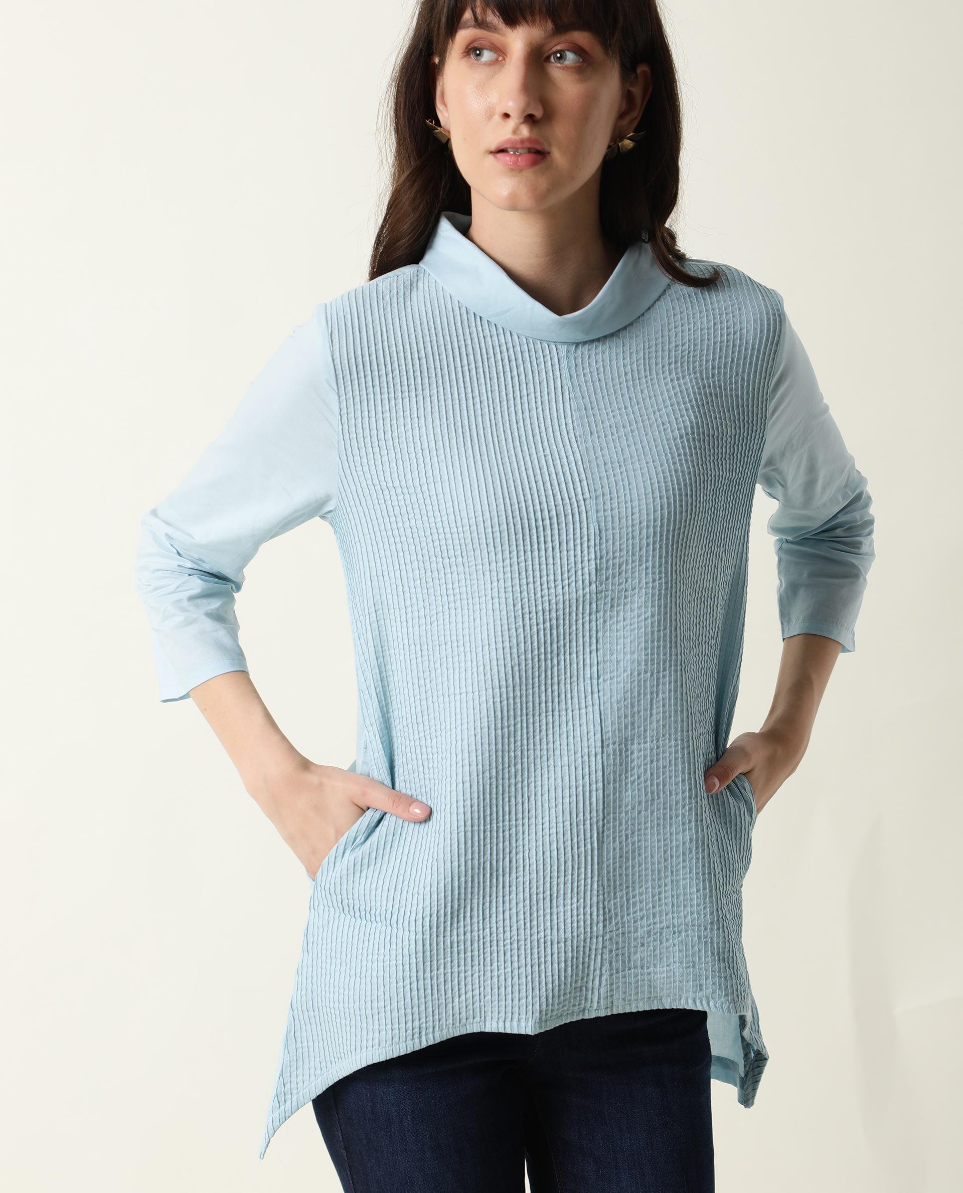 Rareism Women Printol Blue Cotton Fabric Regular Fit Turttle Neck 3/4Th Sleeves Ribbed Top