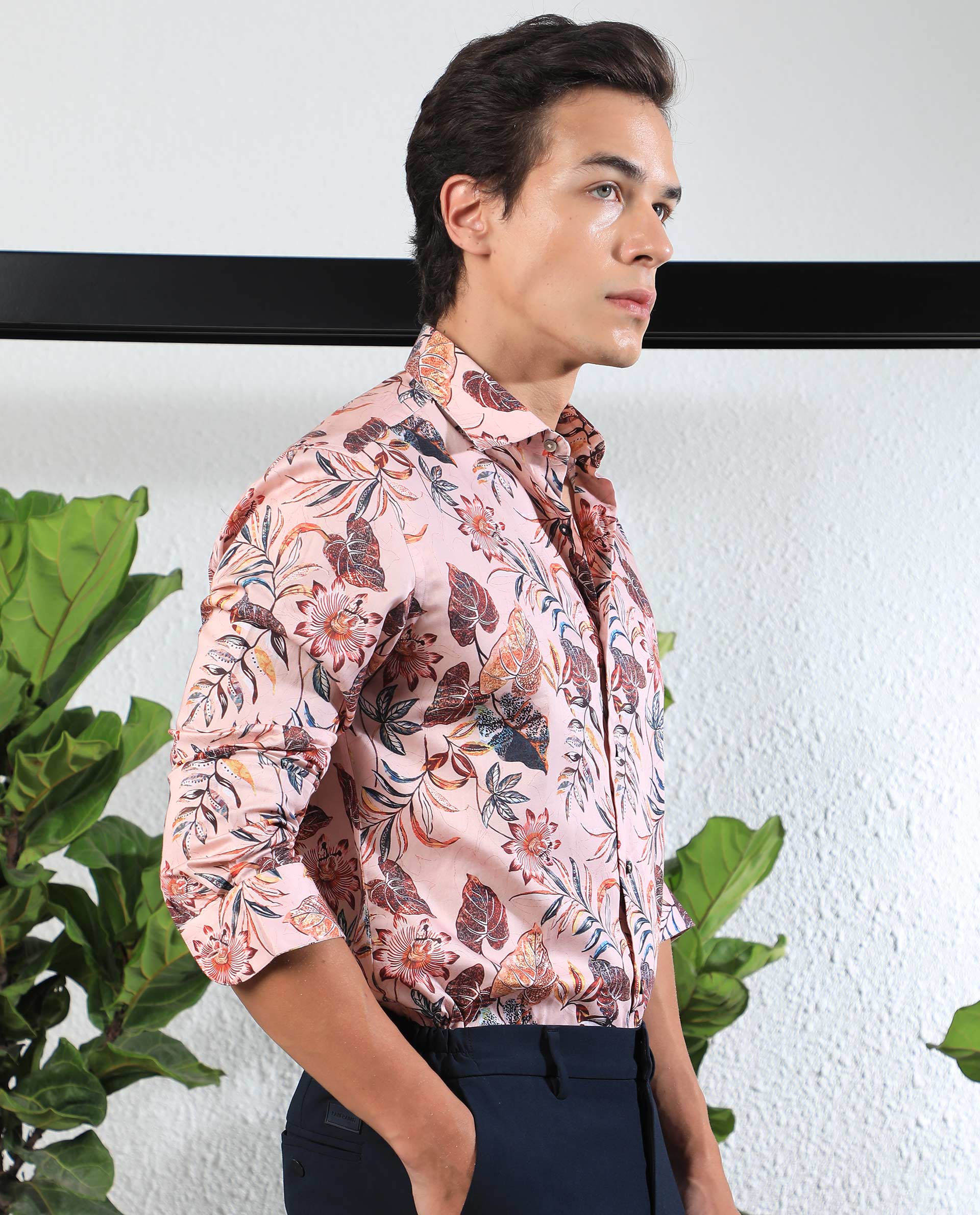 Rare Rabbit Men's Misons Pink Cotton Fabric Floral Print Full Sleeves Shirt