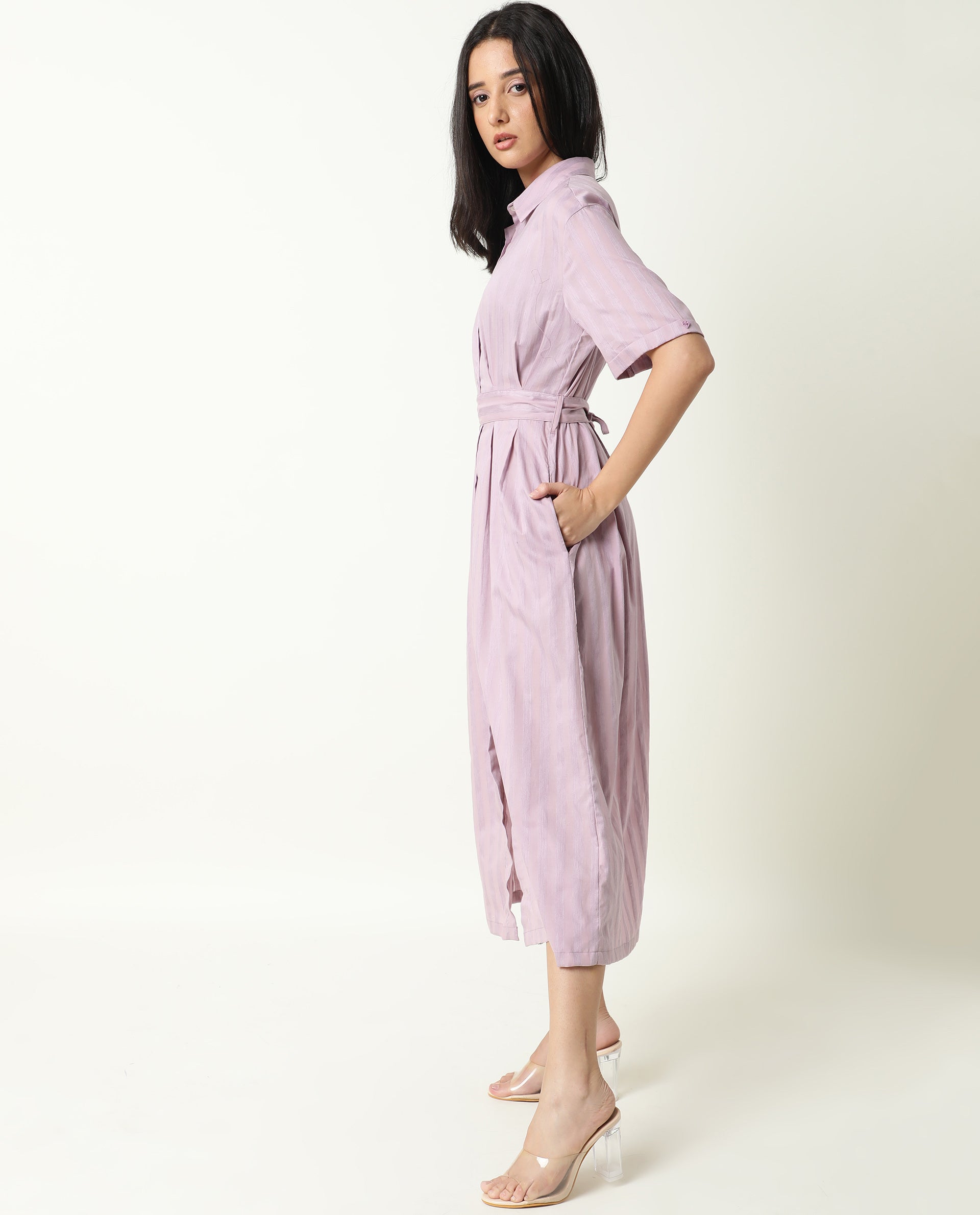 Rareism Women Paris Pink Shirt Collar Short Sleeves Front Full Button Closure Placket Fabric Tie Up Belt Pocket Midi Dress