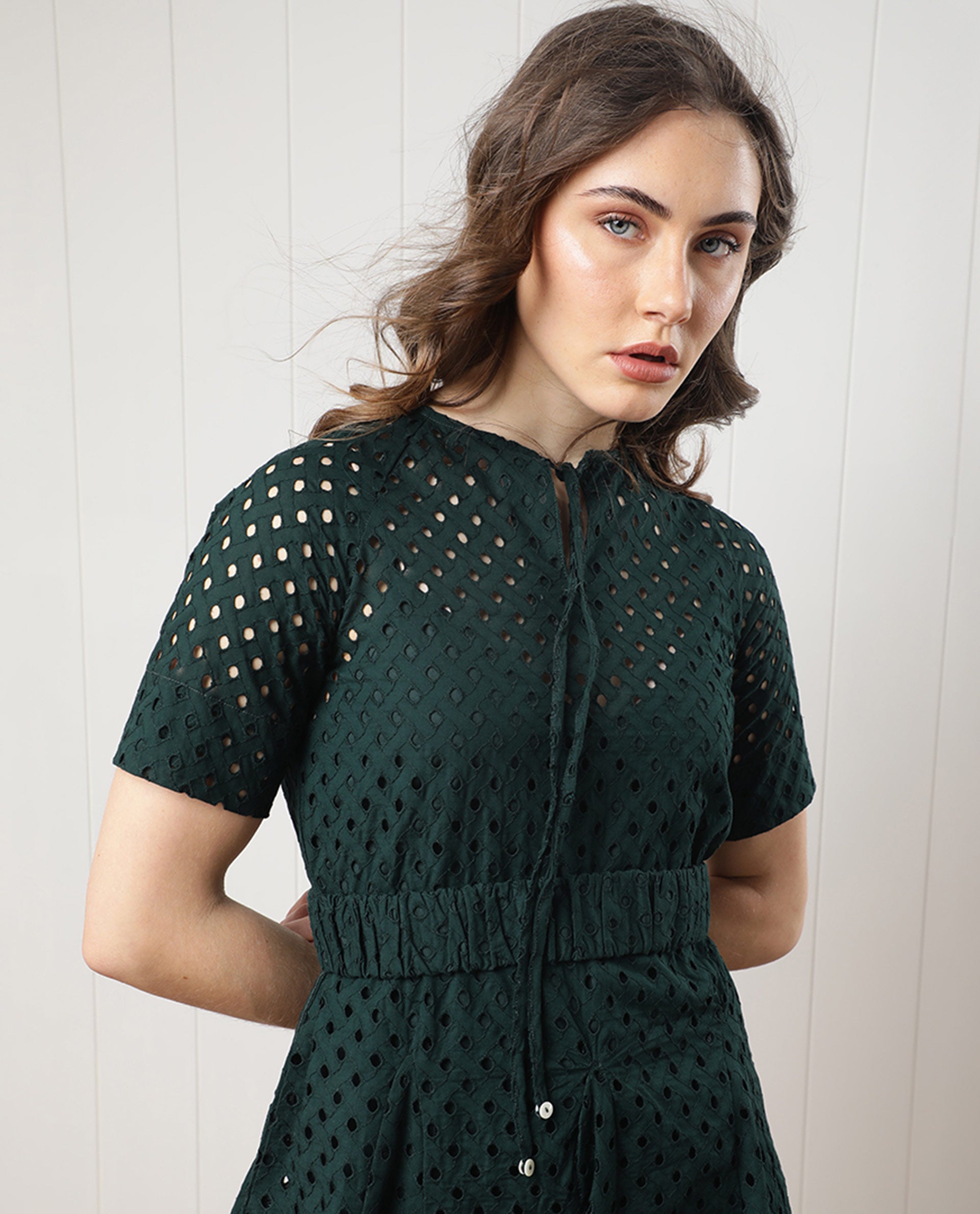 Rareism Women Bex Fluorescent Green Schiffili Round Tie Up Neck With Short Sleeves And Elastic Belt At Waist Mini Dress