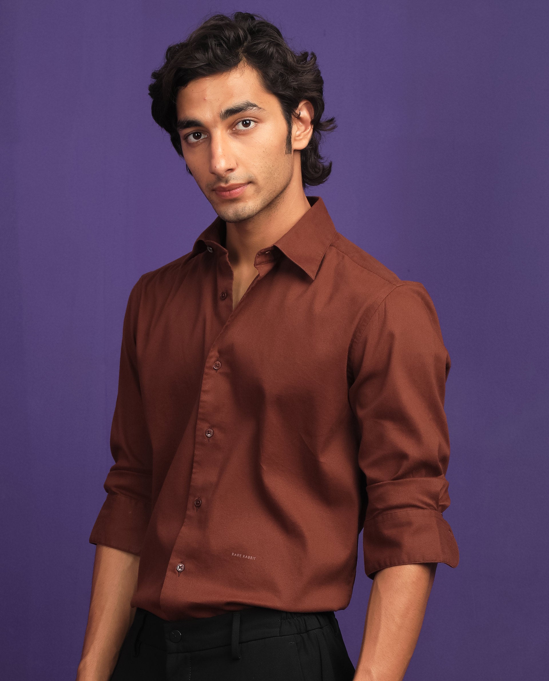 Rare Rabbit Men's Bicton Brown Cotton Lycra Fabric Full Sleeves Solid Twill Shirt