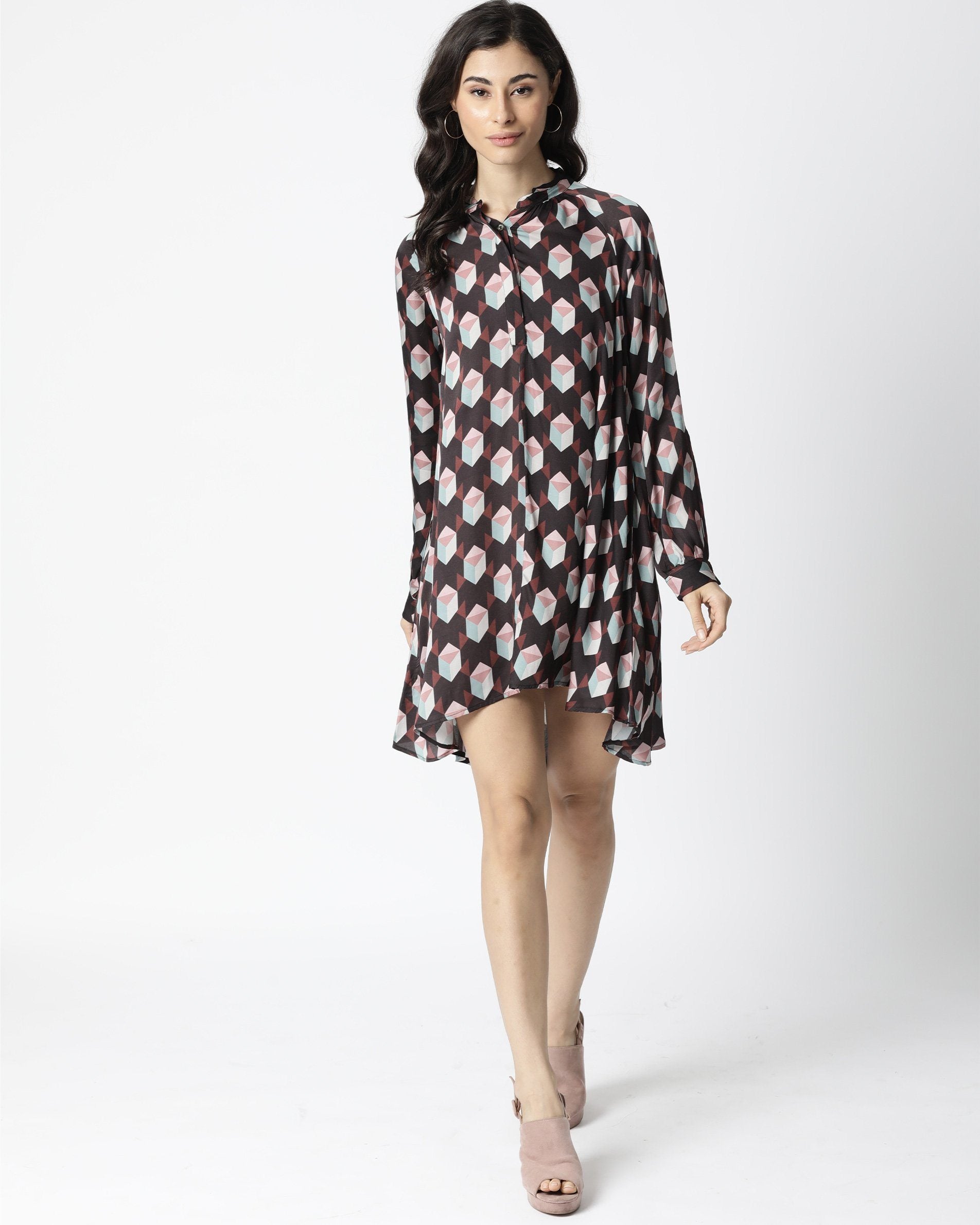 Rareism Women Engine Brown Dress Full Sleeves Printed