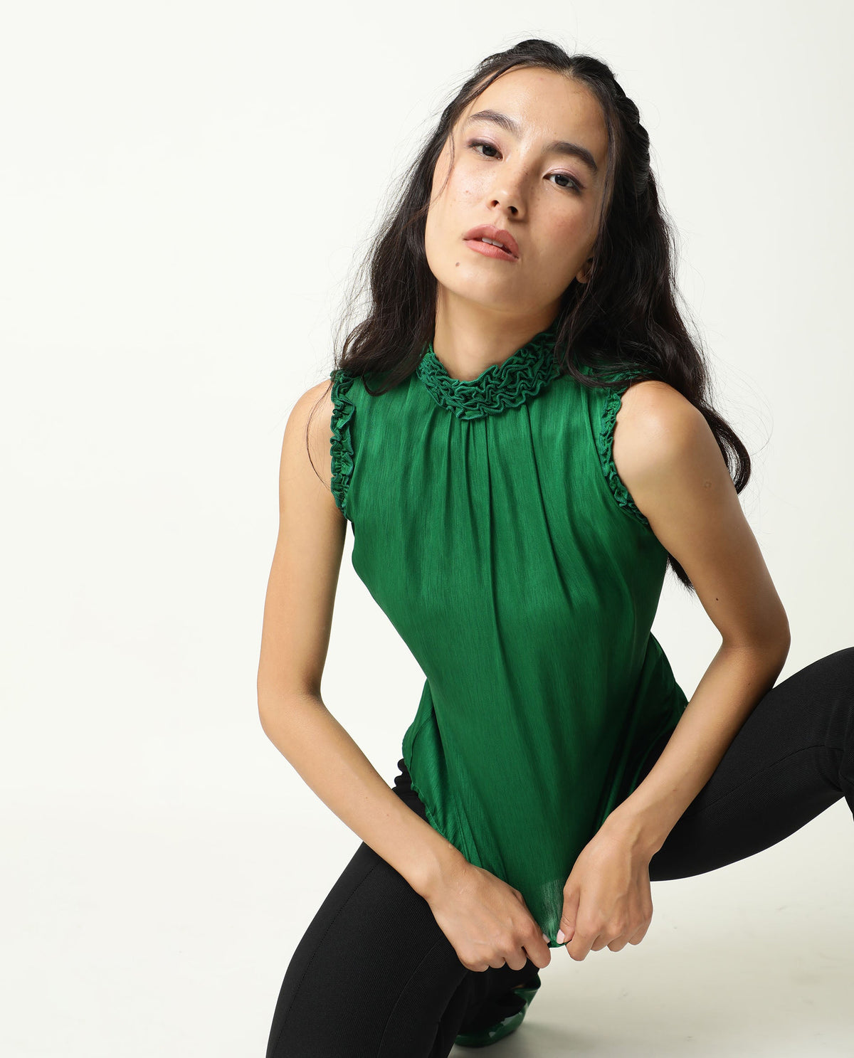 Rareism Womens Baileys Green Top Polyester Fabric  Sleeveless Ruffled Neck