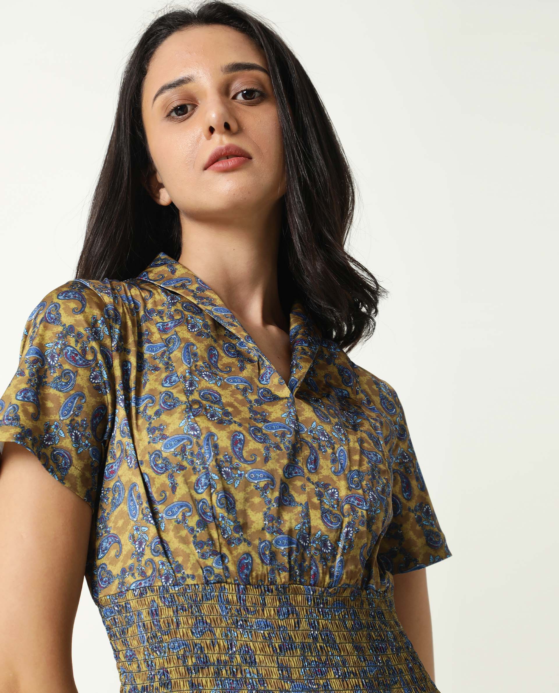 Rareism Women Joss Light Olive Paisley Print Overlap Lapel Collar Short Sleeves Smocked Elastic Waist Mini Dress