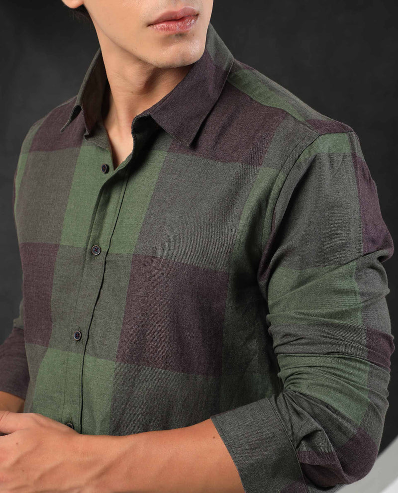 Rare Rabbit Men's Beavers Olive Cotton Polyester Fabric Full Sleeves Twill Checks Shirt