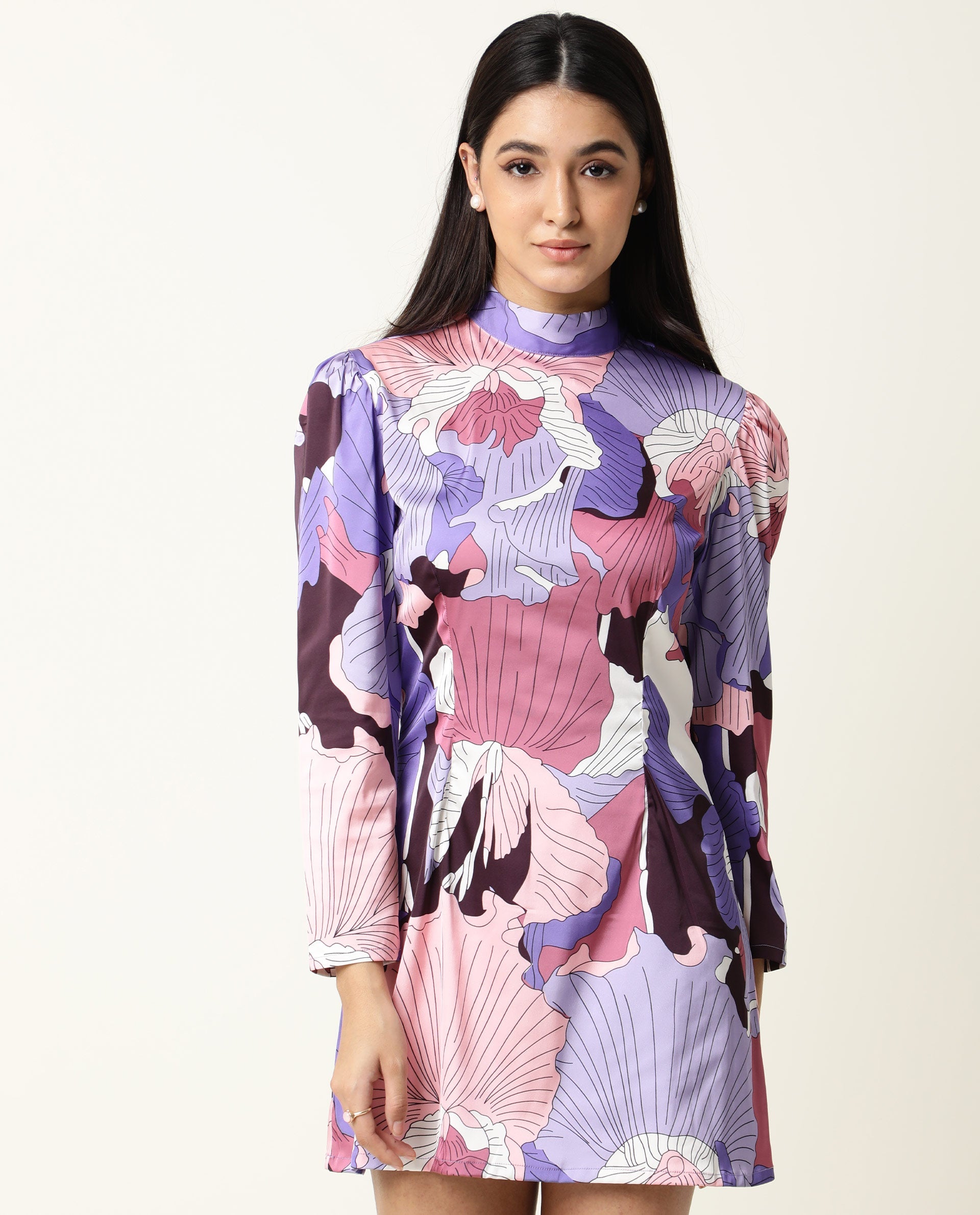 Rareism Women Mylah Multi Floral Print High Neck Collar Full Sleeves With Pockets Mini Dress