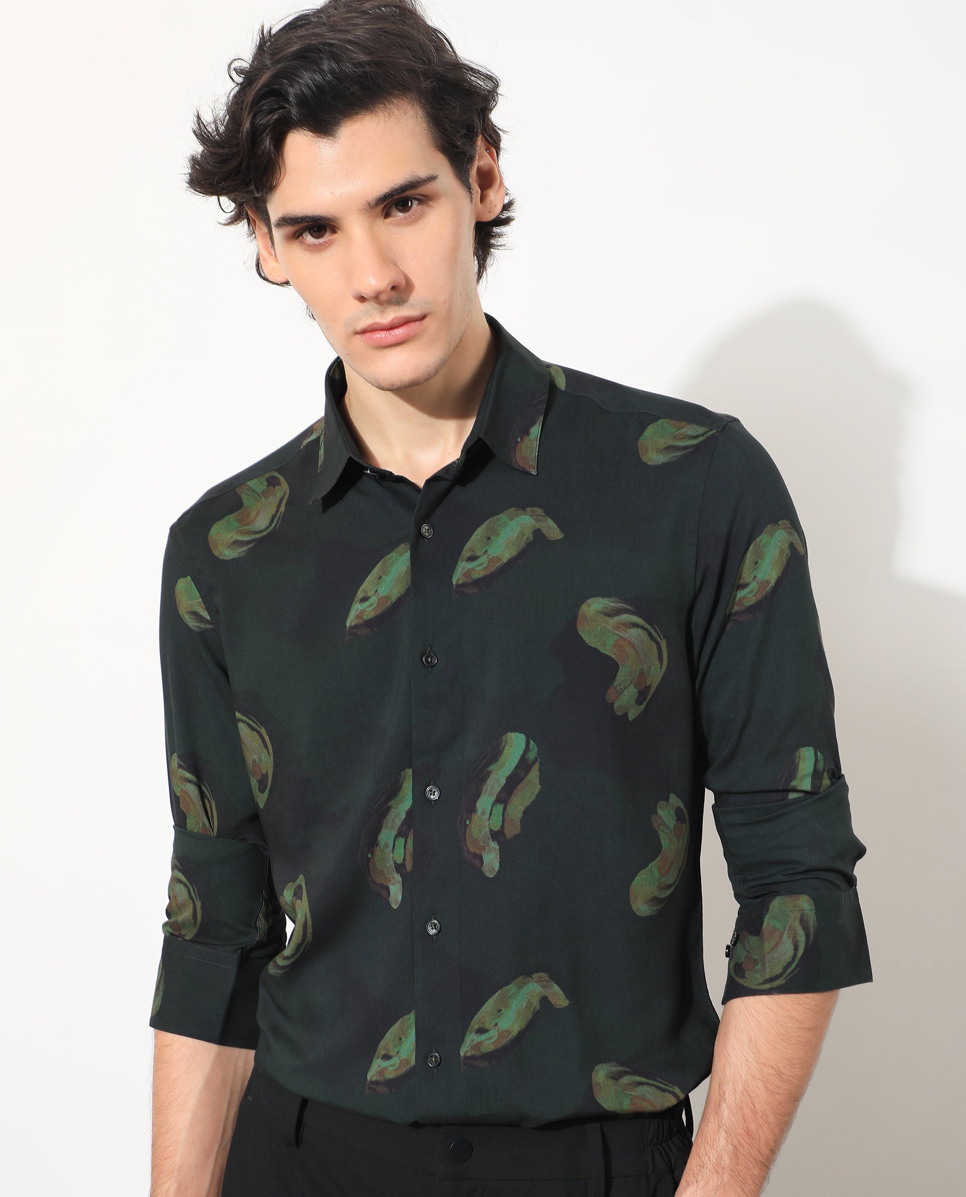 Rare Rabbit Men's Inari Dark Green Viscose Fabric Abstract Print Full Sleeves Shirt