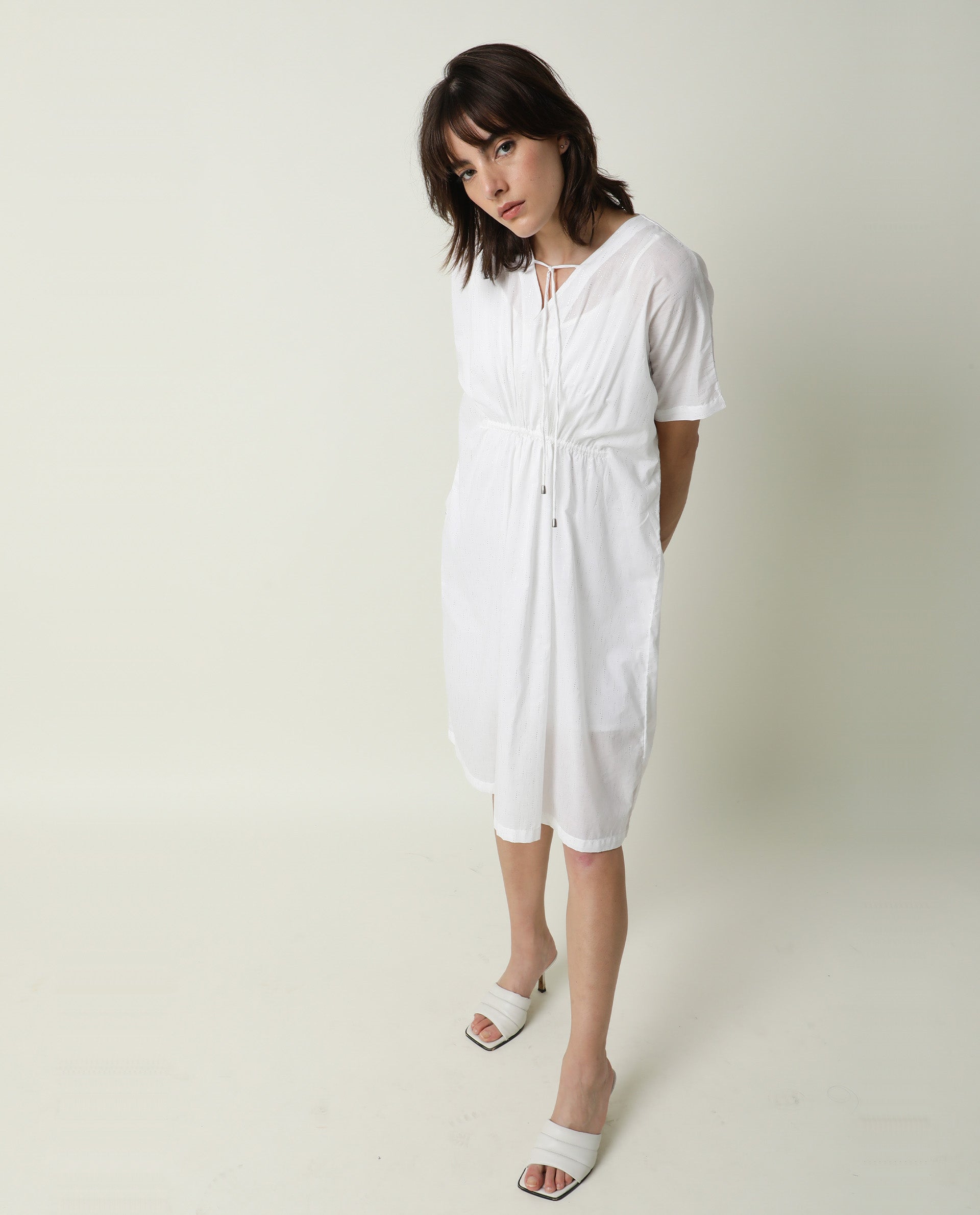 Rareism Women Shawn White V Neck Tie Up Half Sleeves Drawstring At Waist With Pockets Kaftan Knee Length Dress