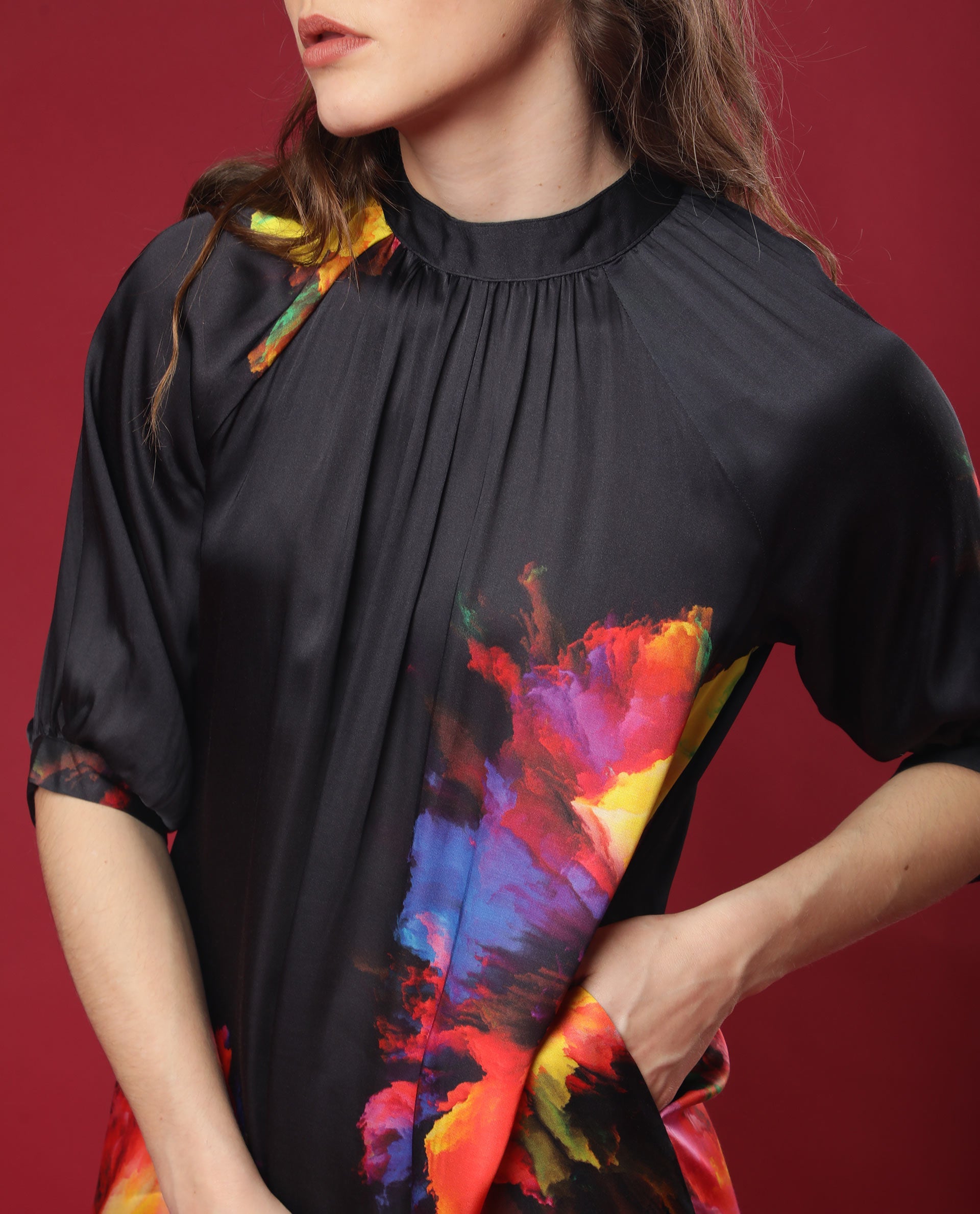 Rareism Women Jovi Black Floral Print High Neck Half Sleeves Back Button Closure With Pockets Knee Length Dress