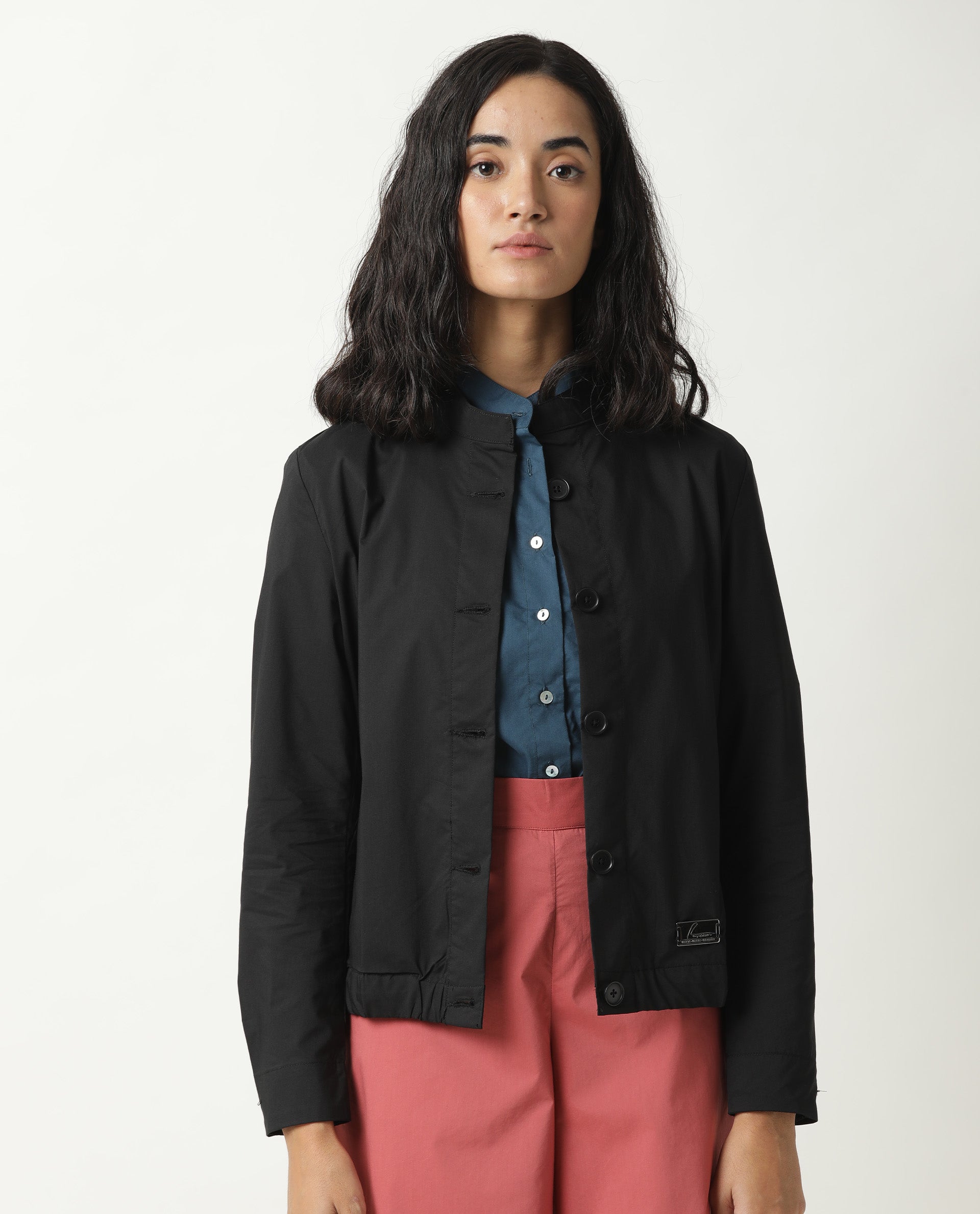 Rareism Women Aomori Black Poly Lycra Fabric Full Sleeves Solid Mandarin Collar Jacket