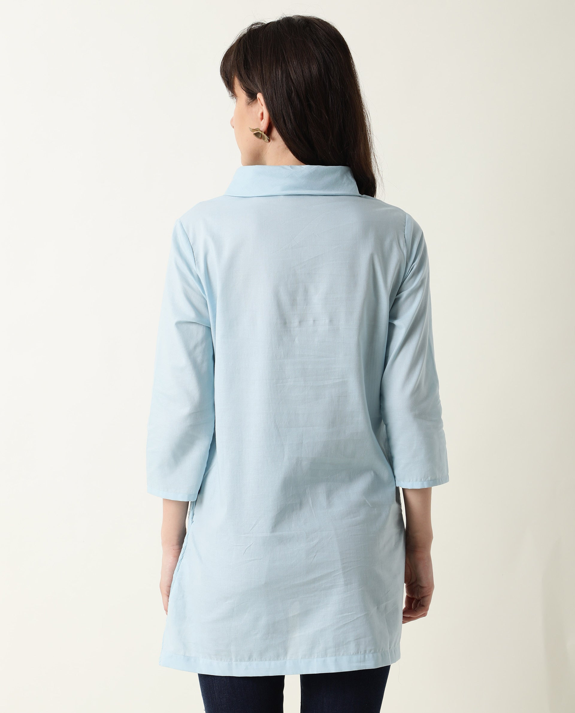 Rareism Women Printol Blue Cotton Fabric Regular Fit Turttle Neck 3/4Th Sleeves Ribbed Top