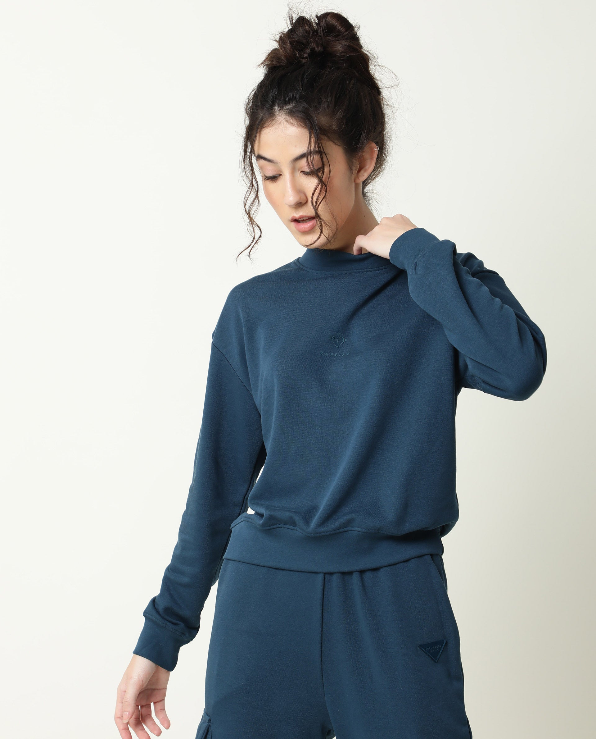 Rareism Women Necker Petrol  Relaxed Fit Full Sleeves Solid High Neck Sweatshirt