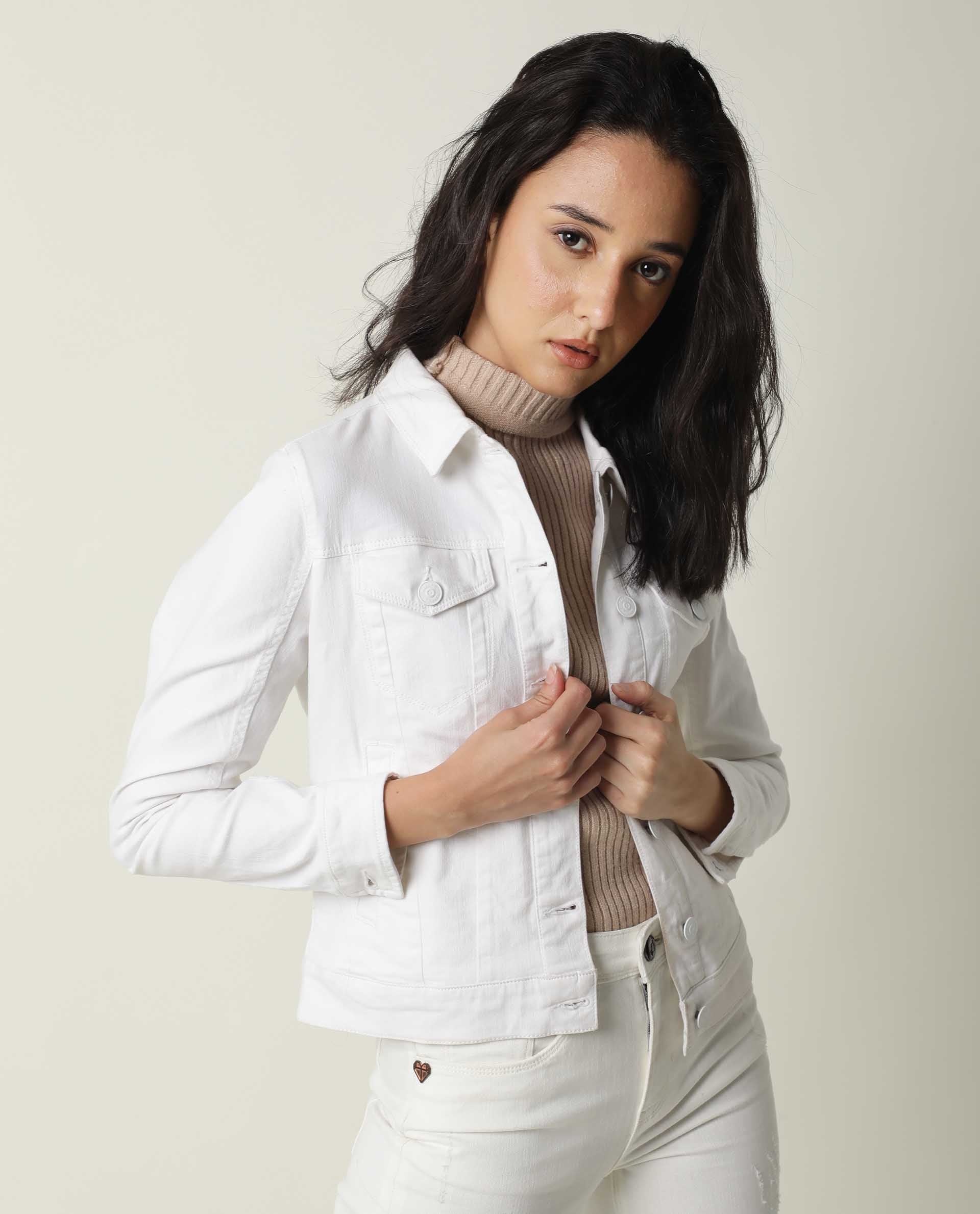 Rareism Women Misso White Cotton Lycra Fabric Full Sleeves Solid Shirt Collar Jacket