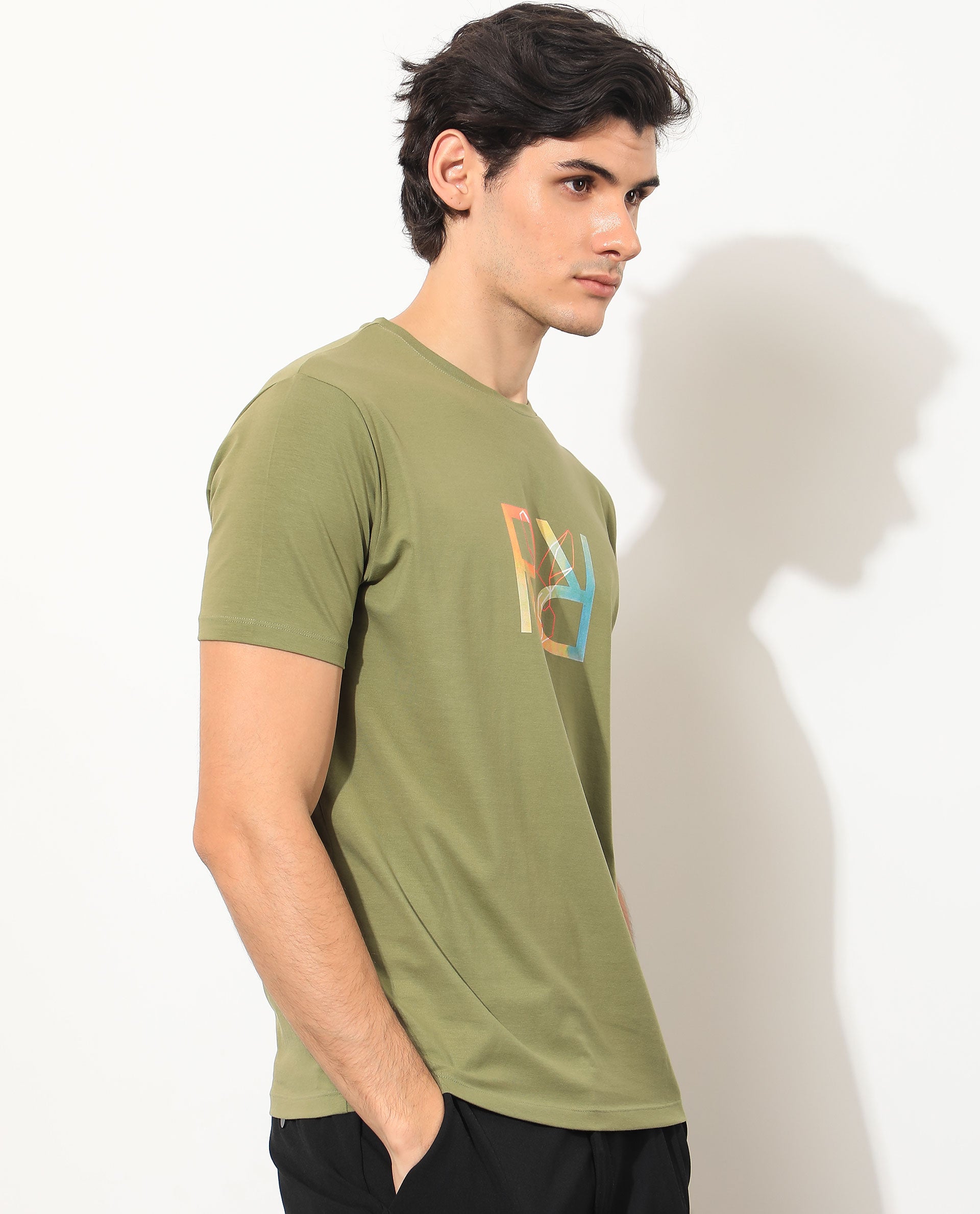 Rare Rabbit Men's Tack Olive Crew Neck Graphic Printed Half Sleeves Slim Fit T-Shirt