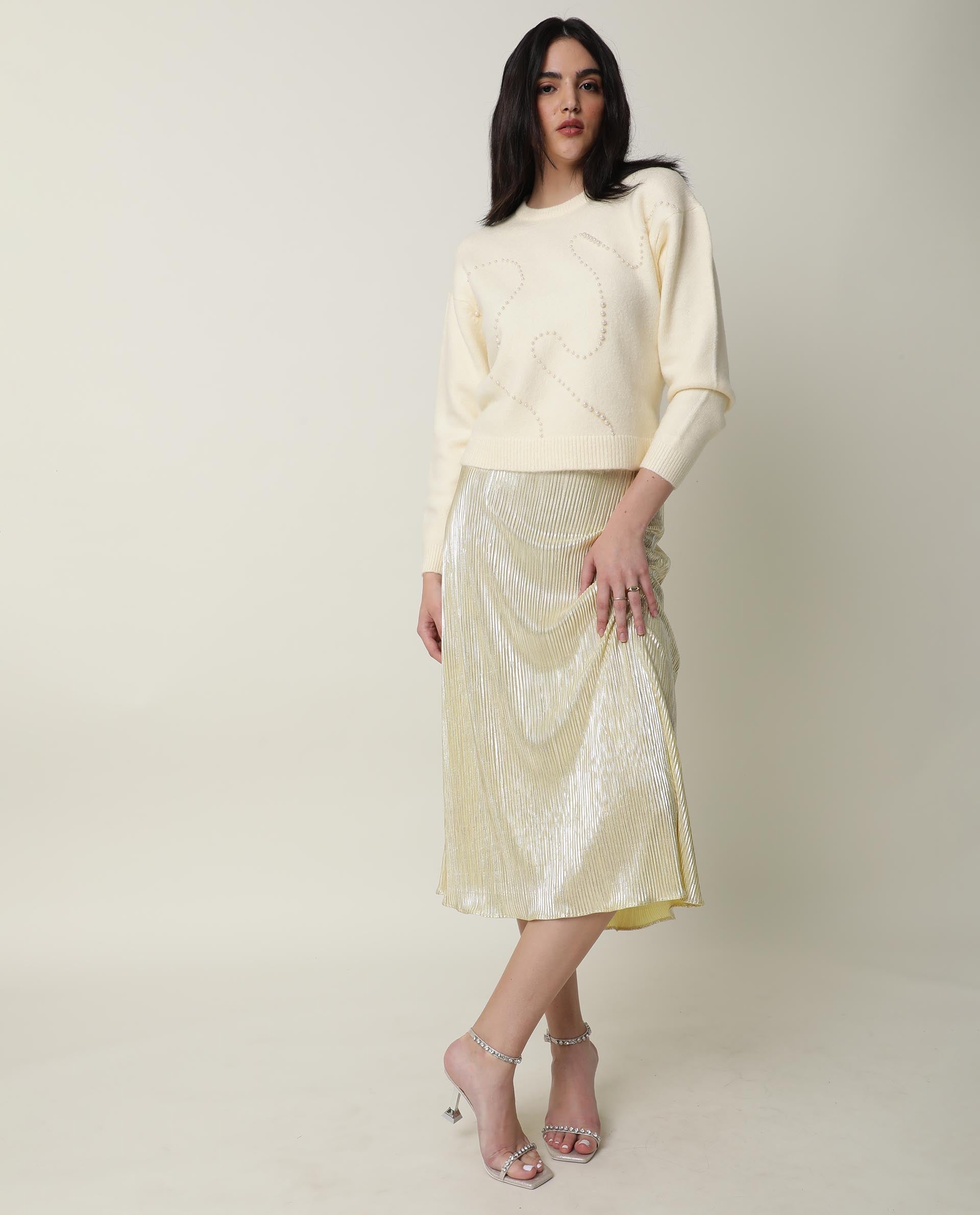 Rareism Women Tulsy Off White Acrylic Fabric Full Sleeves Knee Length Regular Fit Sequined Round Neck Sweater