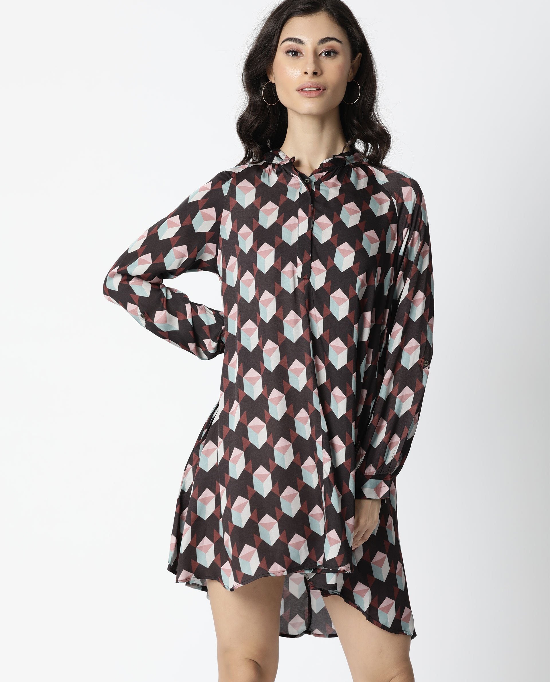 Rareism Women Engine Brown Dress Full Sleeves Printed