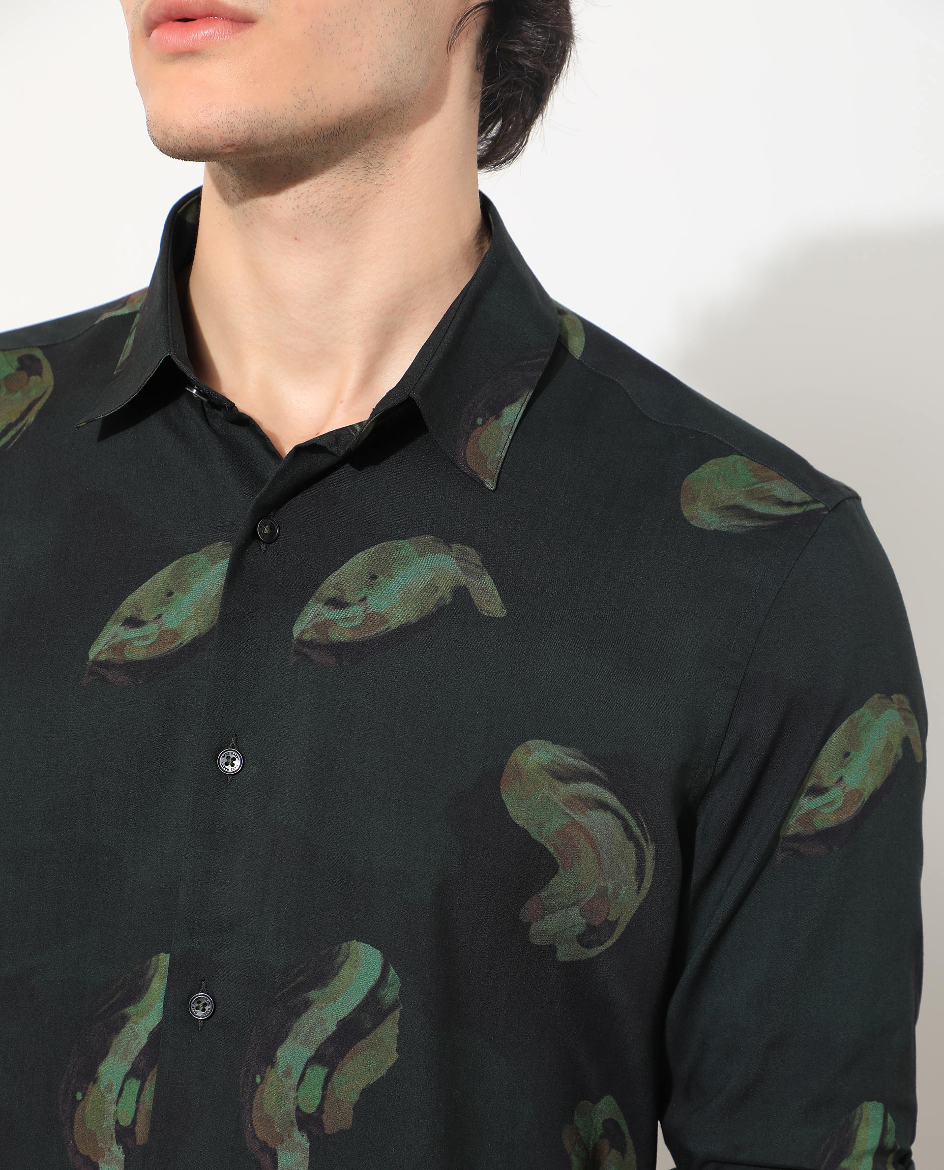 Rare Rabbit Men's Inari Dark Green Viscose Fabric Abstract Print Full Sleeves Shirt