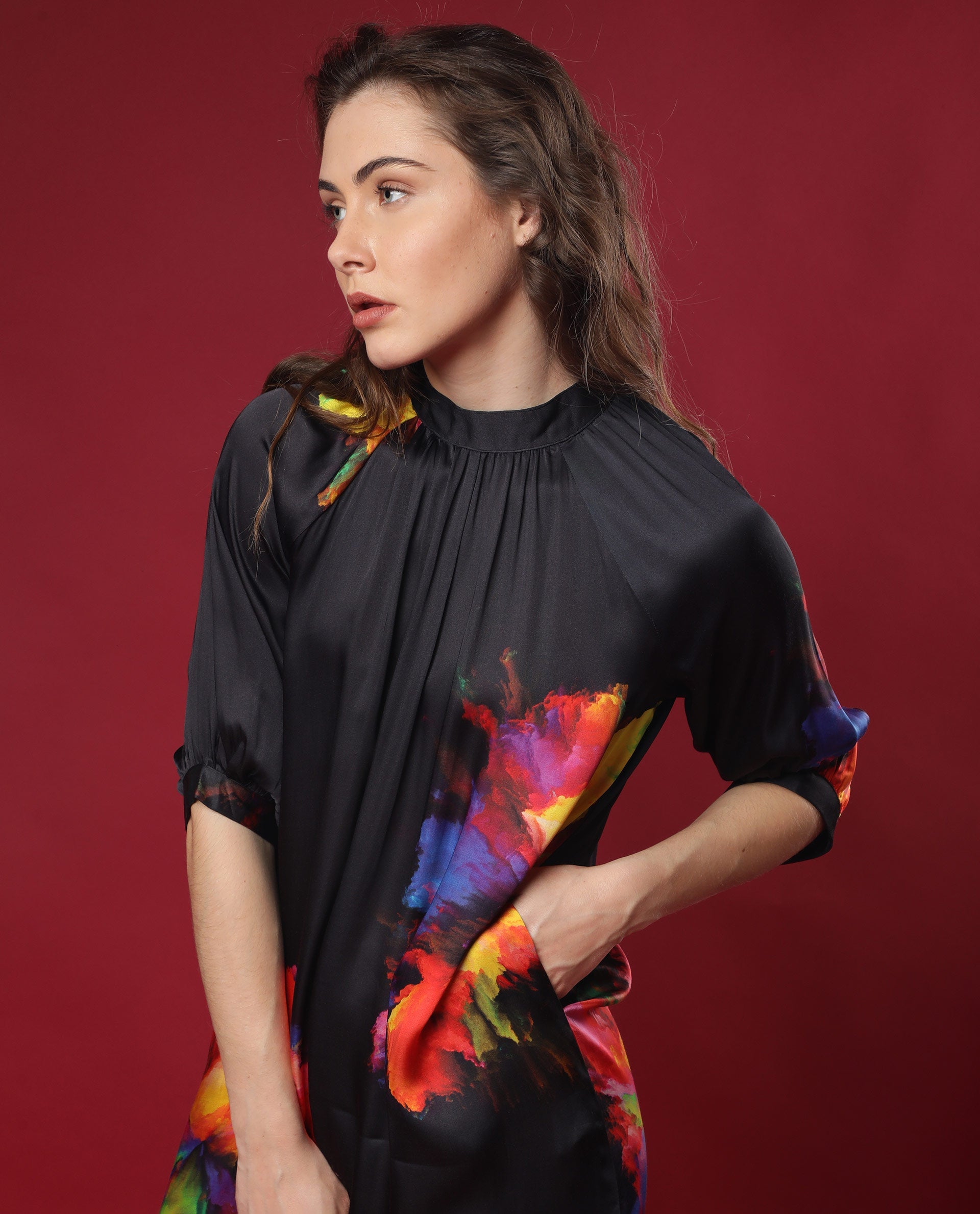 Rareism Women Jovi Black Floral Print High Neck Half Sleeves Back Button Closure With Pockets Knee Length Dress