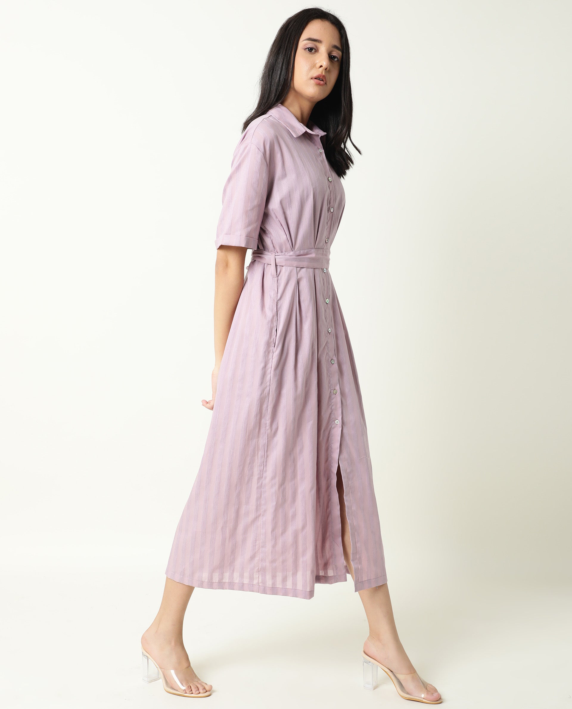 Rareism Women Paris Pink Shirt Collar Short Sleeves Front Full Button Closure Placket Fabric Tie Up Belt Pocket Midi Dress