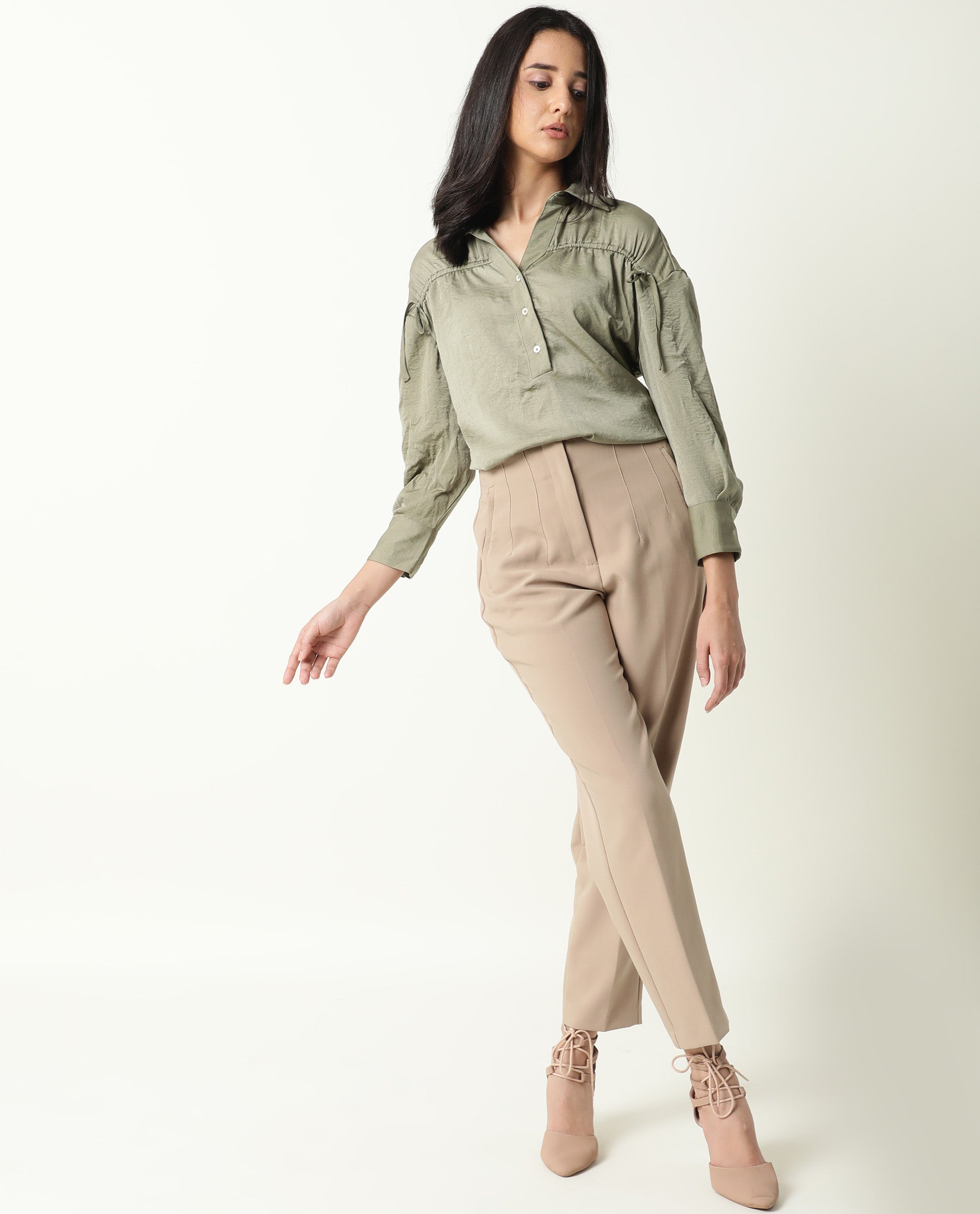 Rareism Womens Hullay Green Top Polyester Fabric Regular Fit 3/4 Sleeve Collared Neck