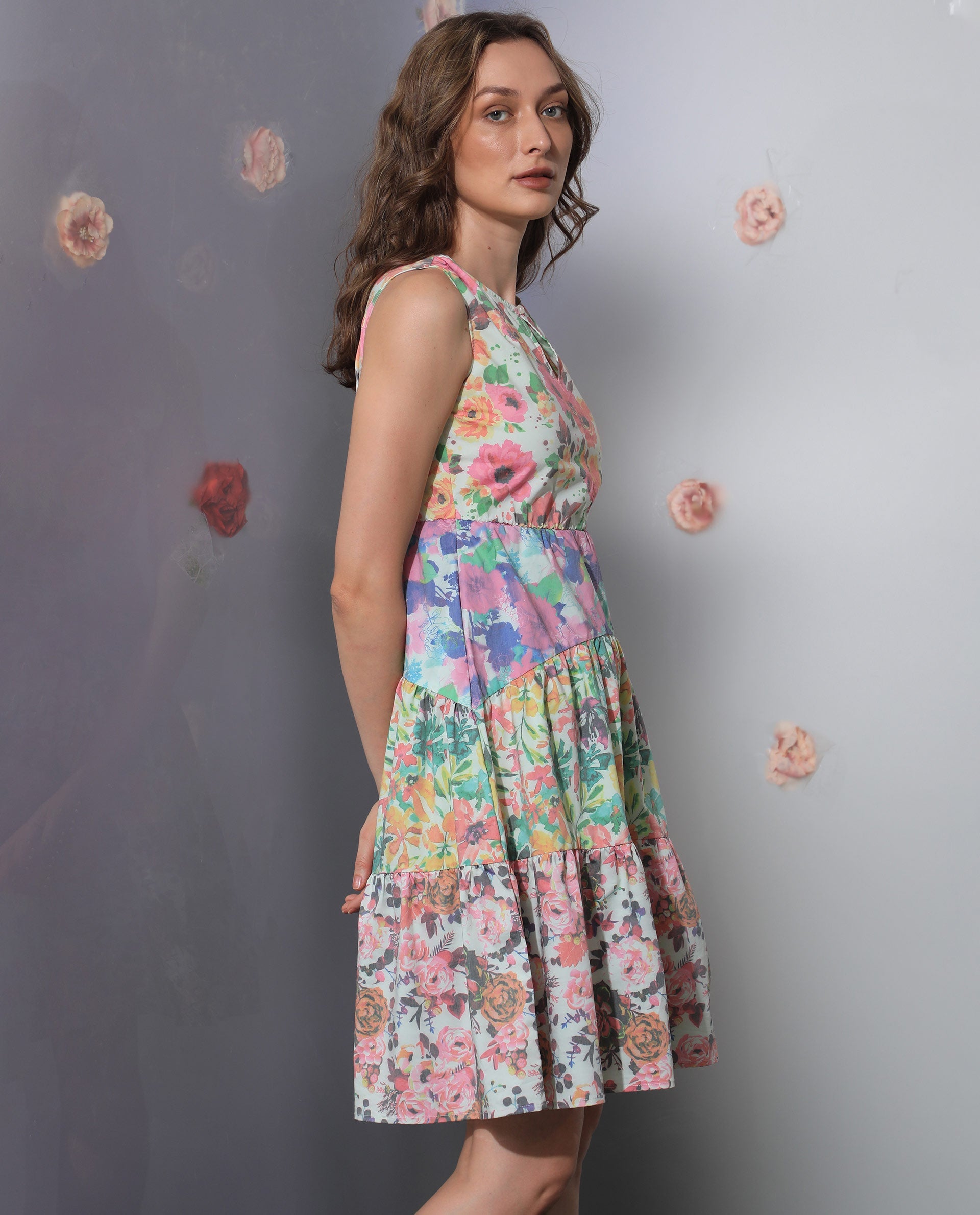 Rareism Women Carys Multi Polyester Fabric Sleeveless Key Hole Neck Regular Fit Floral Print Knee Length Tiered Dress