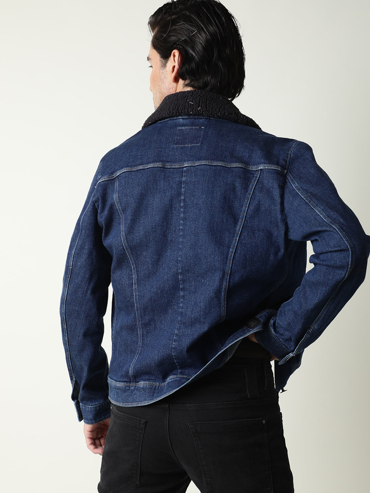 Rare Rabbit Men's Rubix Blue Fleece Collar Dark Wash Denim Jacket