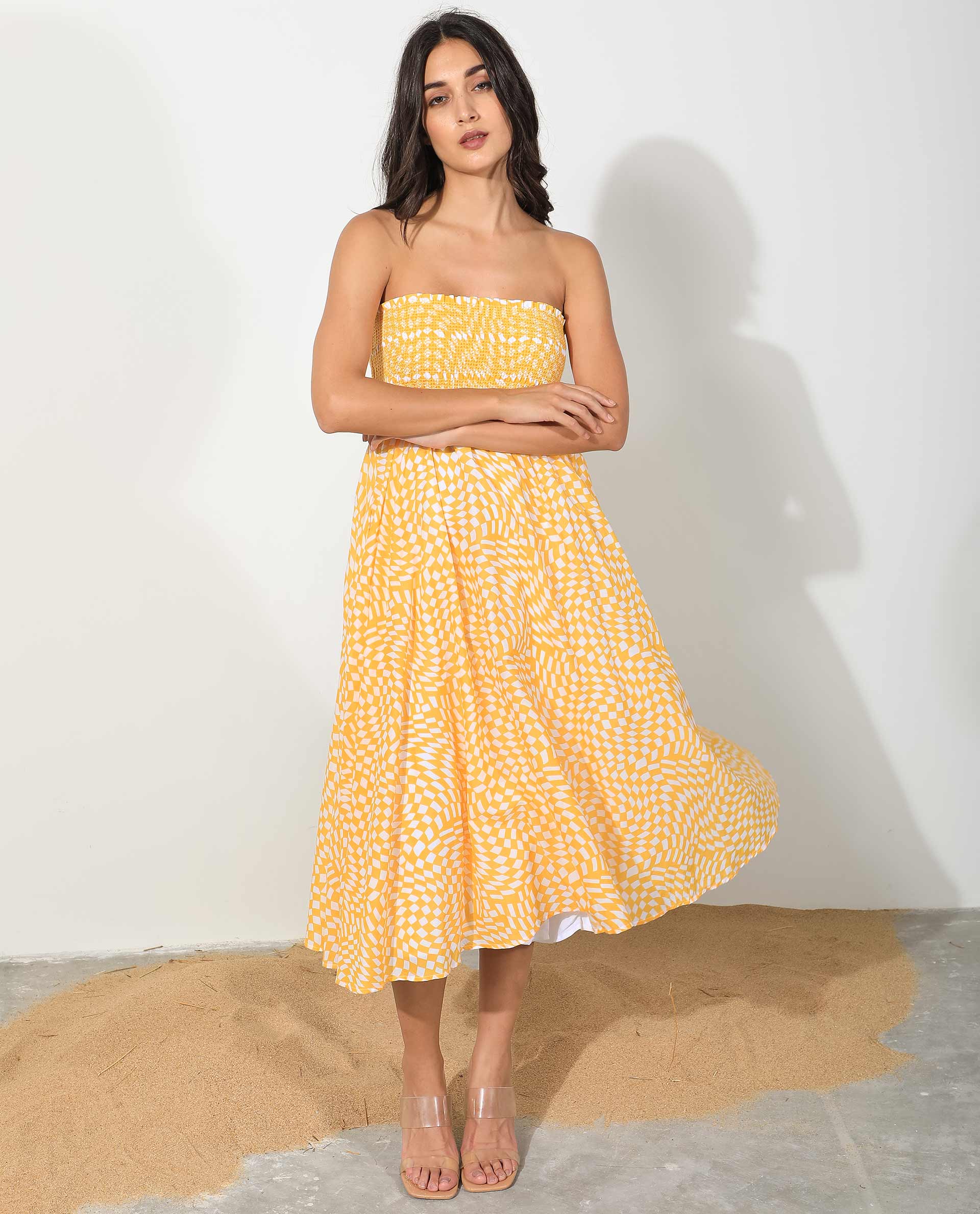 Rareism Women Daffodil Yellow Cotton Fabric Sleeveless Tube Neck Shoulder Straps Regular Fit Print Knee Length Dress