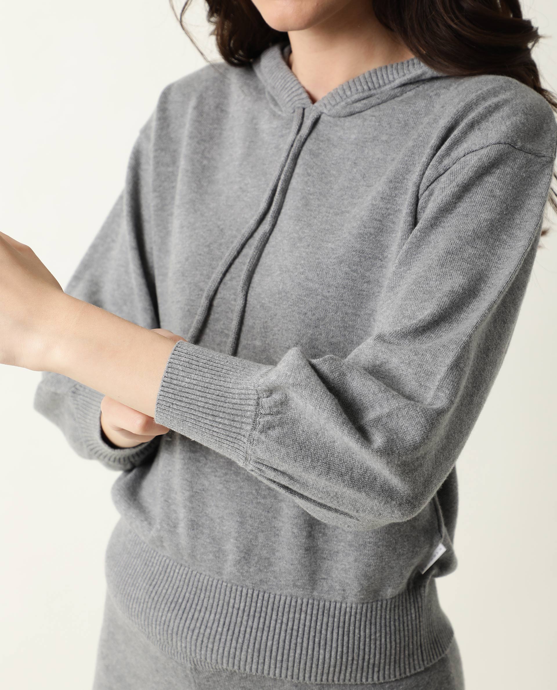 Rareism Women Finn Melange Grey Cotton Fabric Relaxed Fit Full Sleeves Solid Knee Length Hooded Track Suit