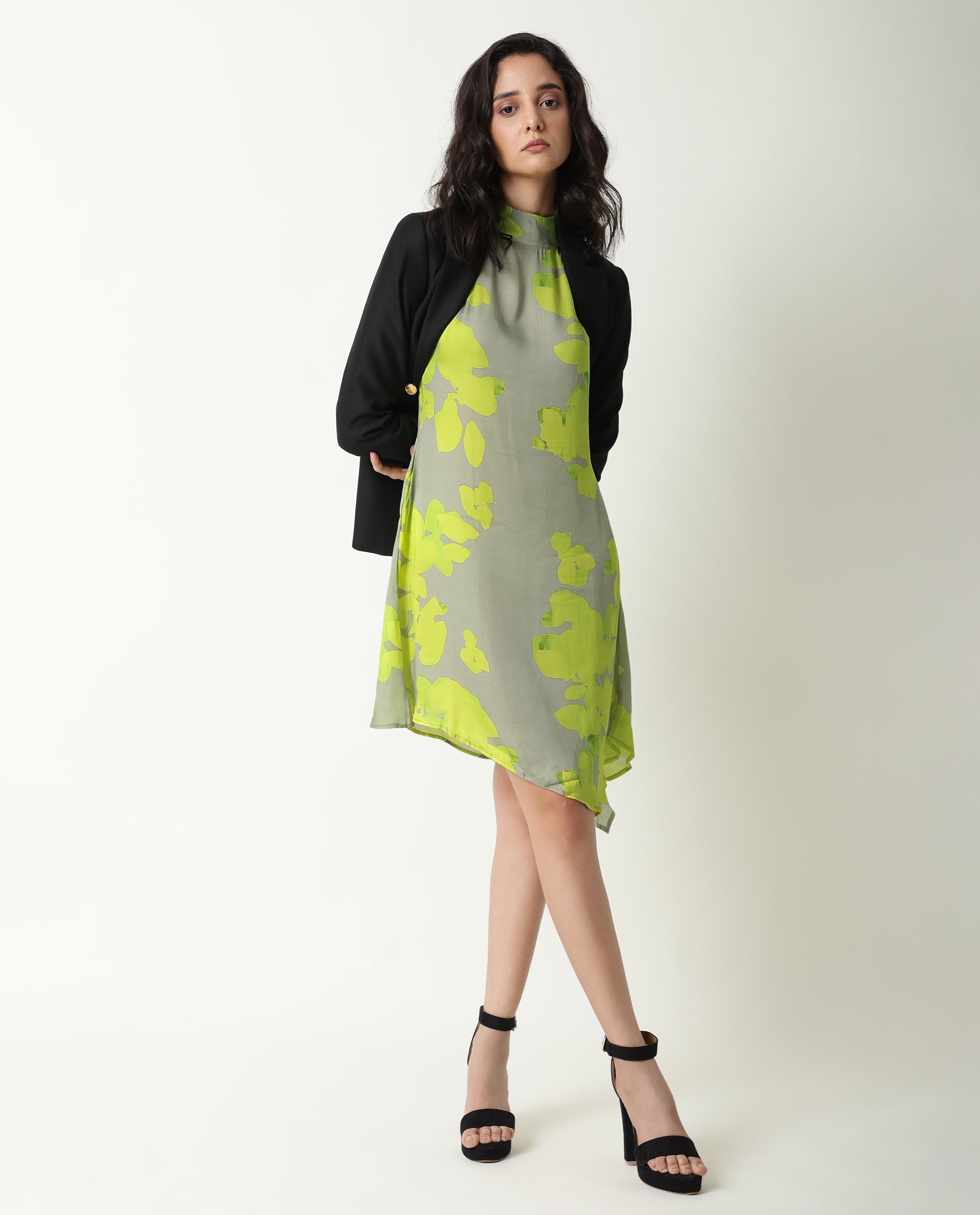 Rareism Women Sprite Yellow Floral Print Band Neck Short Sleeves With Pockets Asymmetric Hem Knee Length Dress