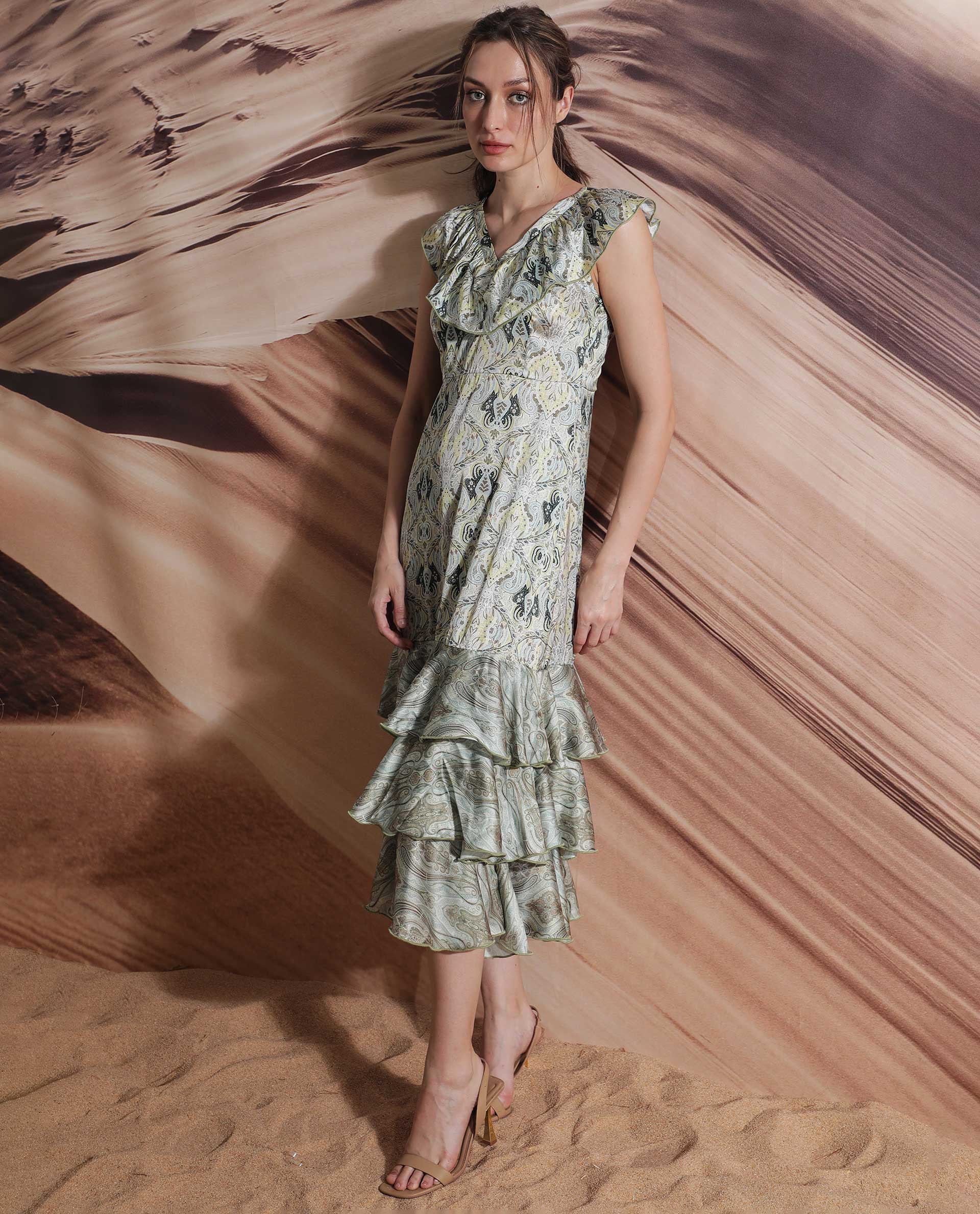 Rareism Women Aishia Off White Polyester Fabric Ruffled Neck Sleeveless Regular Fit Paisley Print Midi A-Line Dress