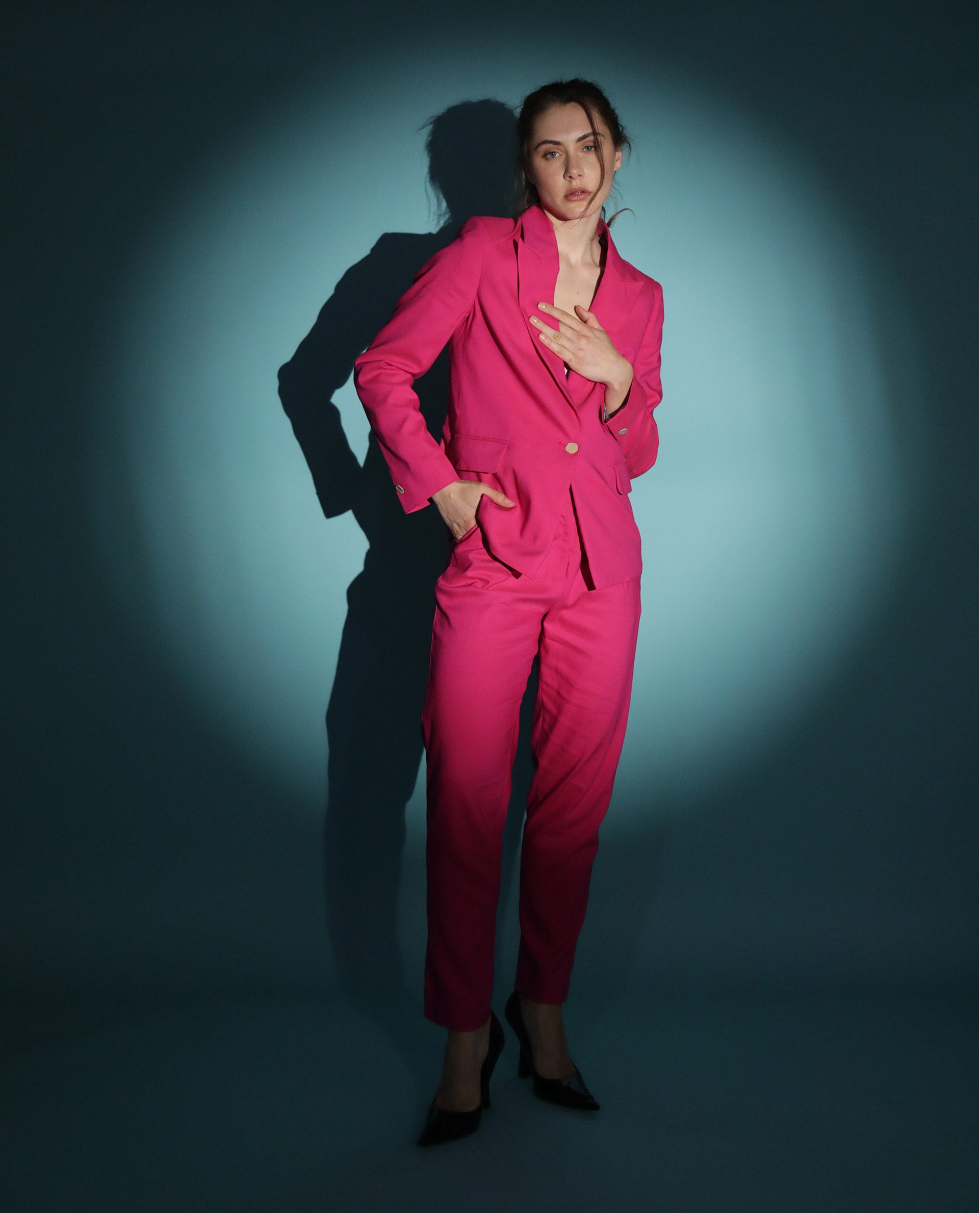 Rareism Women Rachel Flouroscent Pink Poly Viscose Fabric Tailored Fit High Rise Solid Ankle Length Trousers