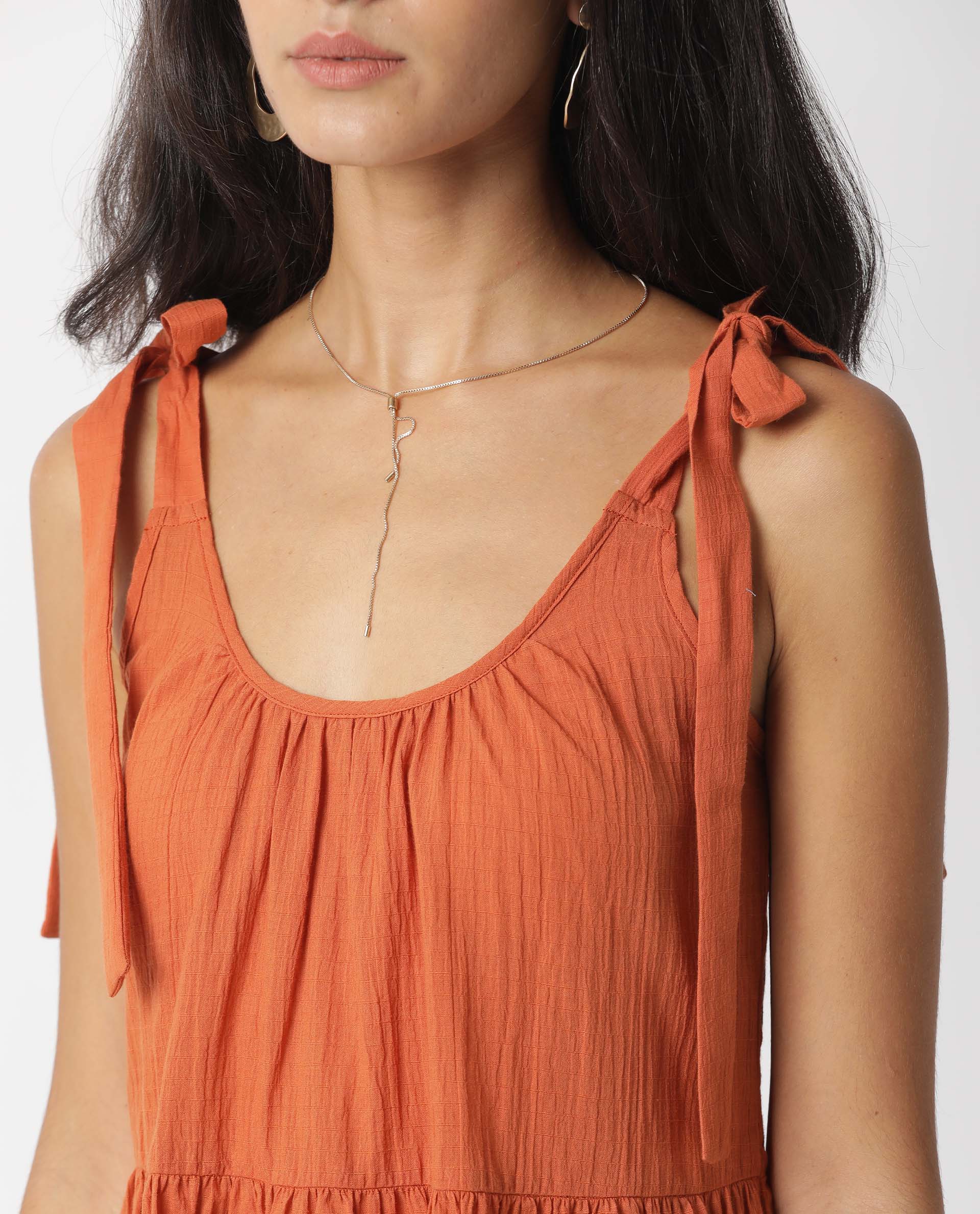 Rareism Women Melt Dark Rust Round Neck Tie Up Shoulder Straps Tiered Knee Length Dress