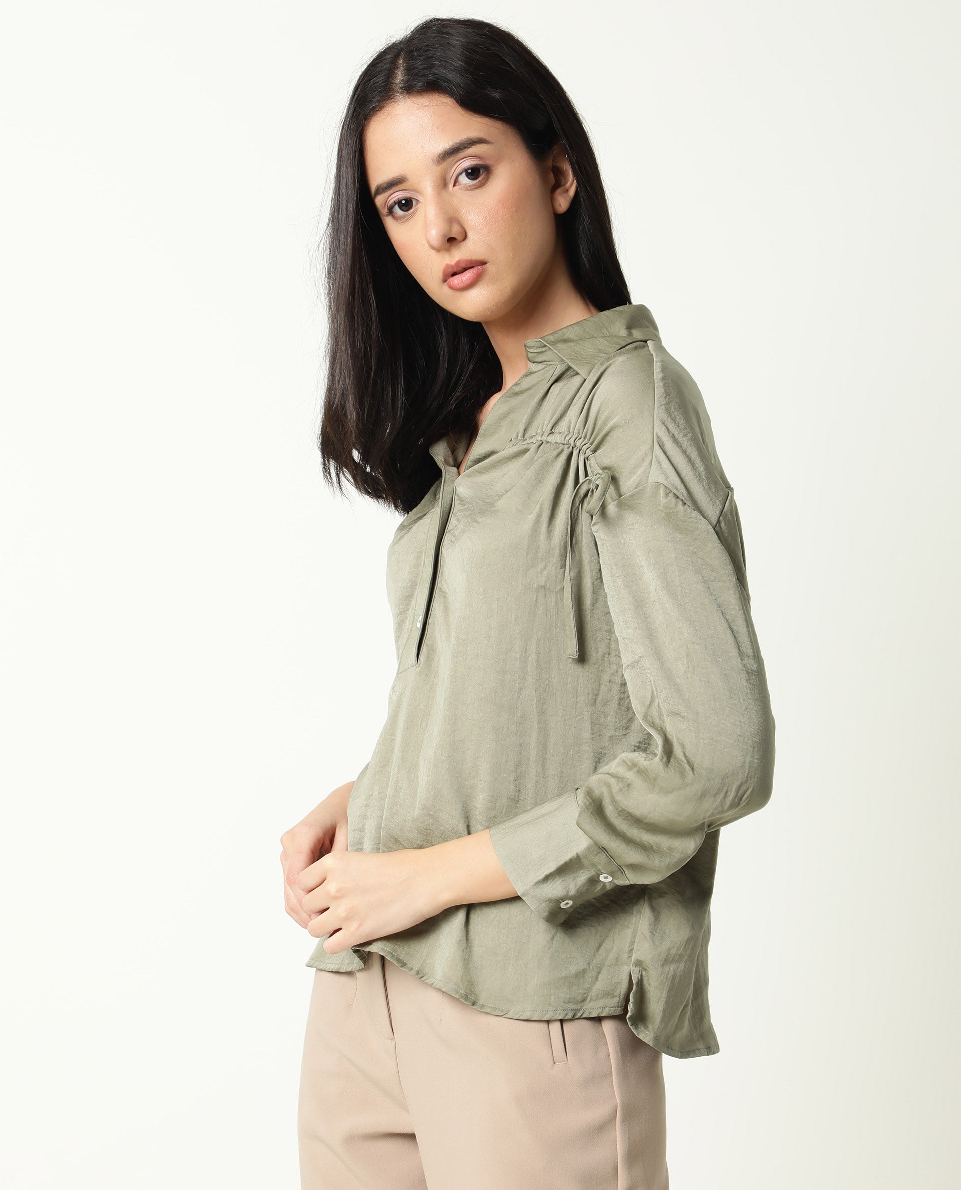 Rareism Womens Hullay Green Top Polyester Fabric Regular Fit 3/4 Sleeve Collared Neck