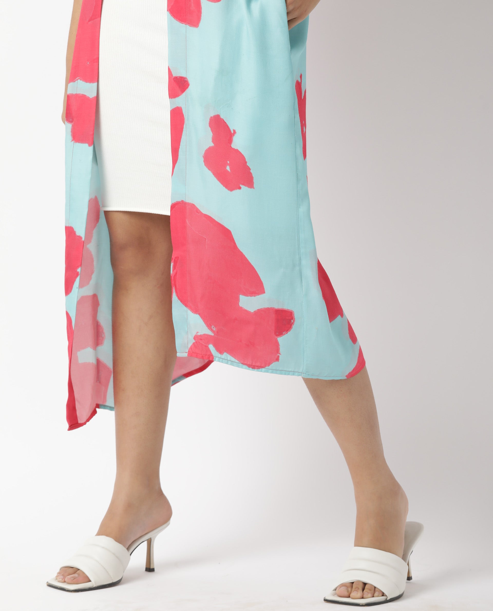 Rareism Women Limur Turq Modal Satin Fabric Relaxed Fit Knee Length Floral Print Collarless Outer Wear