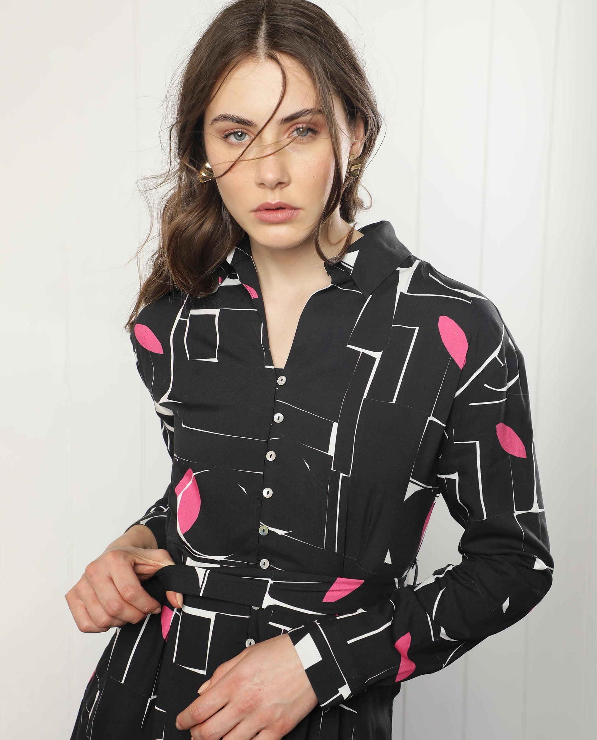 Rareism Women Ortiz Black Cotton Fabric Full Sleeves Button Closure Drop Collar Regular Fit Abstract Print Short Empire Dress