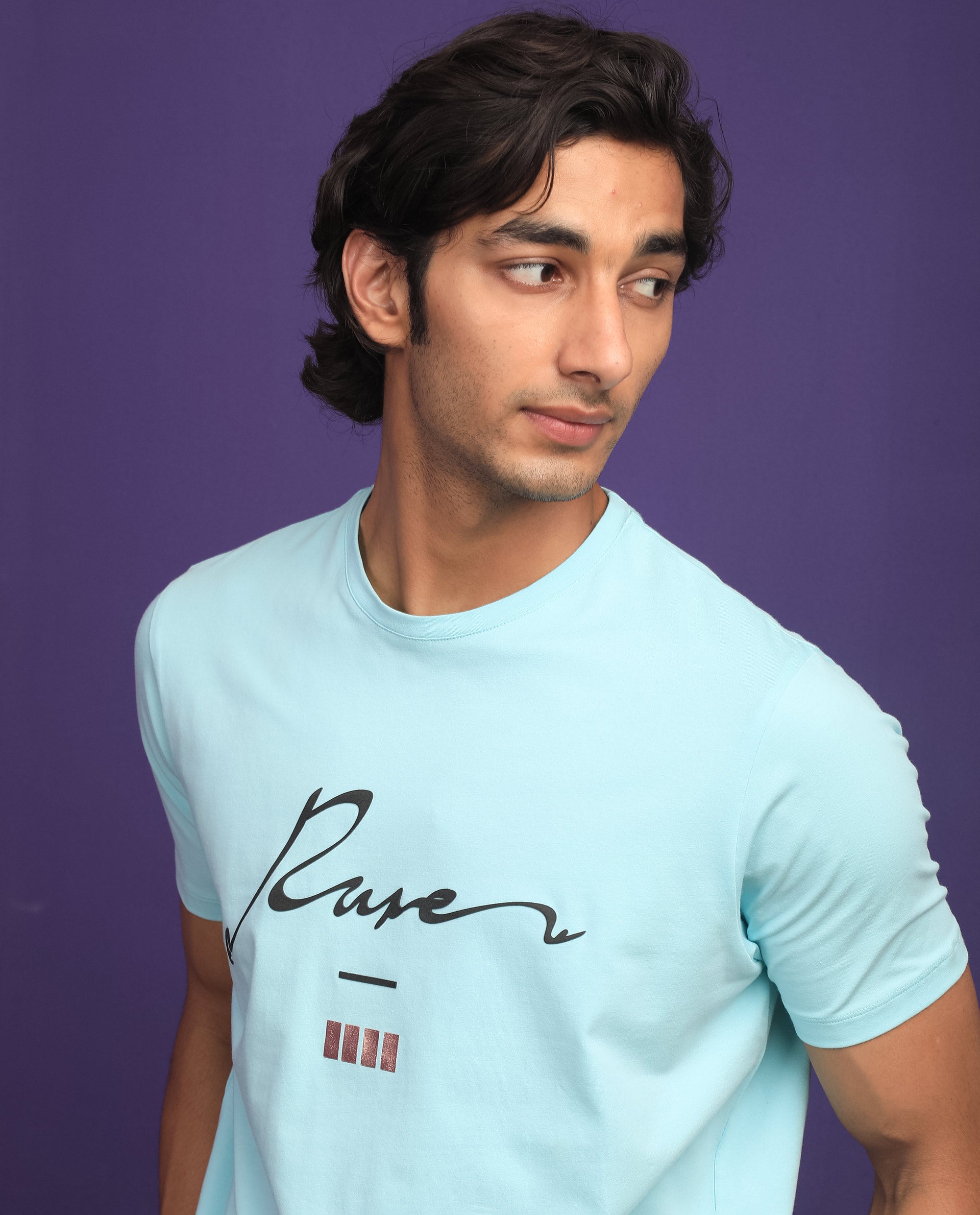 Rare Rabbit Men's Italicc Blue Crew Neck Branded Signature Half Sleeves Slim Fit T-Shirt