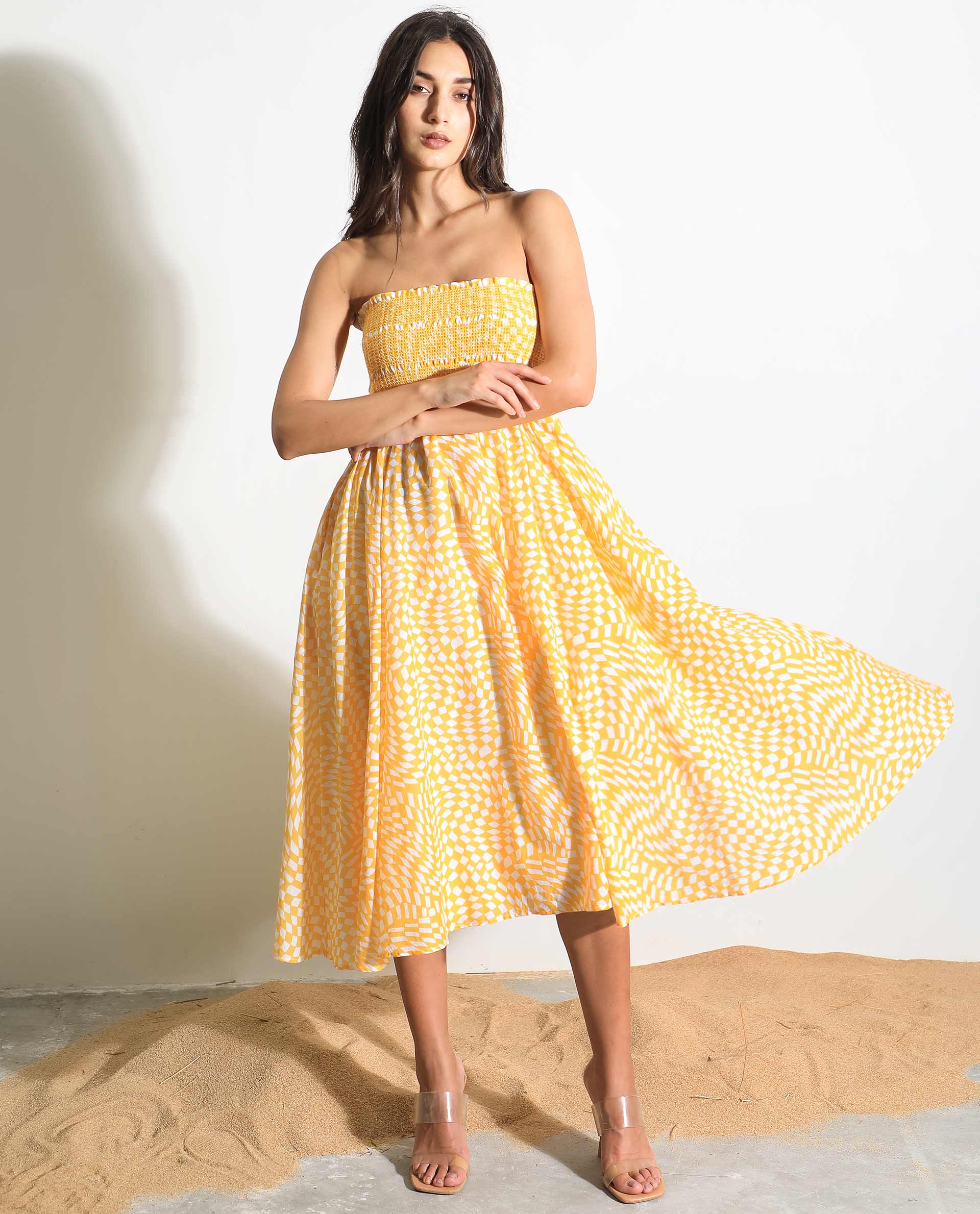 Rareism Women Daffodil Yellow Cotton Fabric Sleeveless Tube Neck Shoulder Straps Regular Fit Print Knee Length Dress