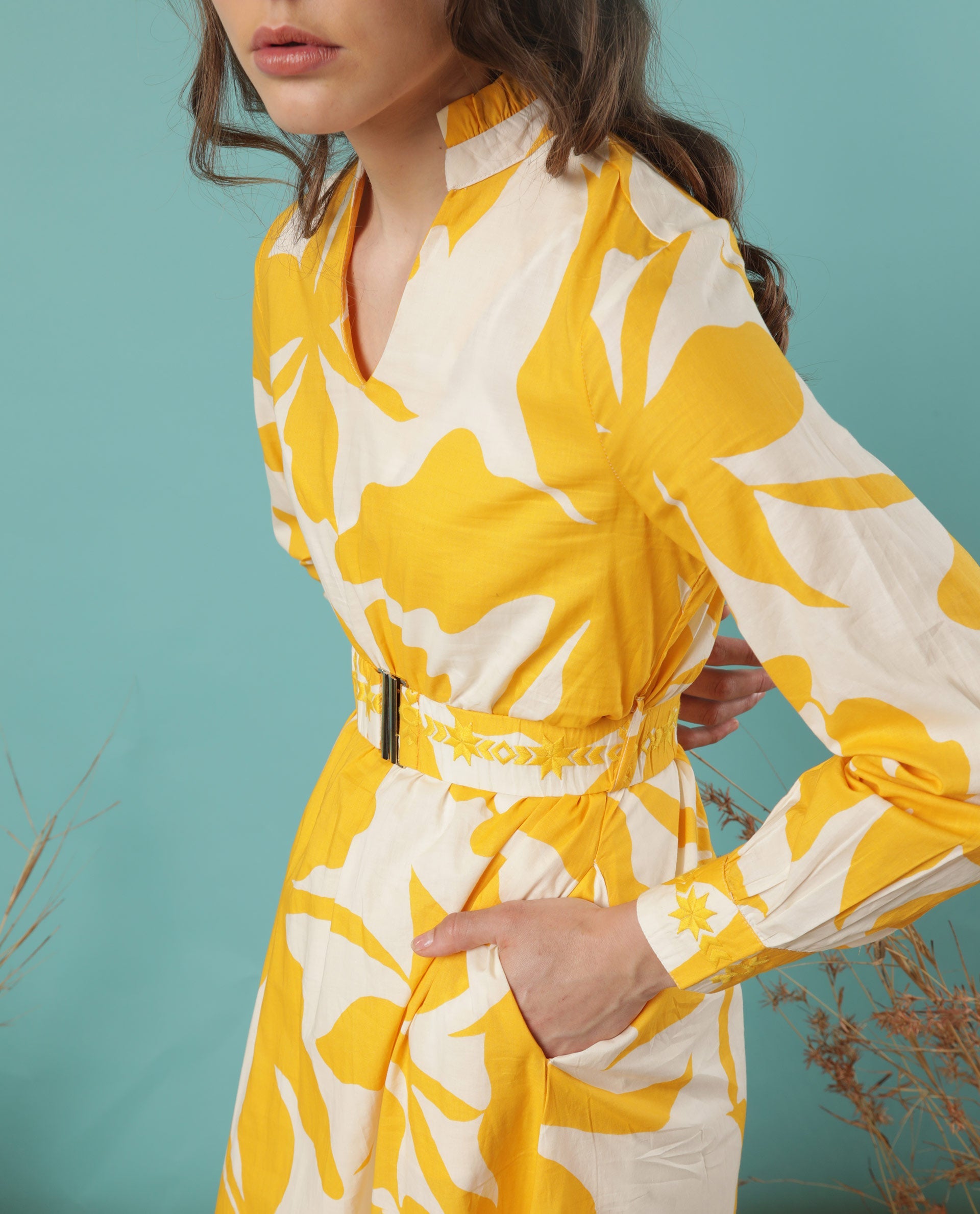 Rareism Women Eliott White Floral Print Mandarin Collar V Neck Full Sleeves With Cuff And Fabric Waist Belt Midi Dress