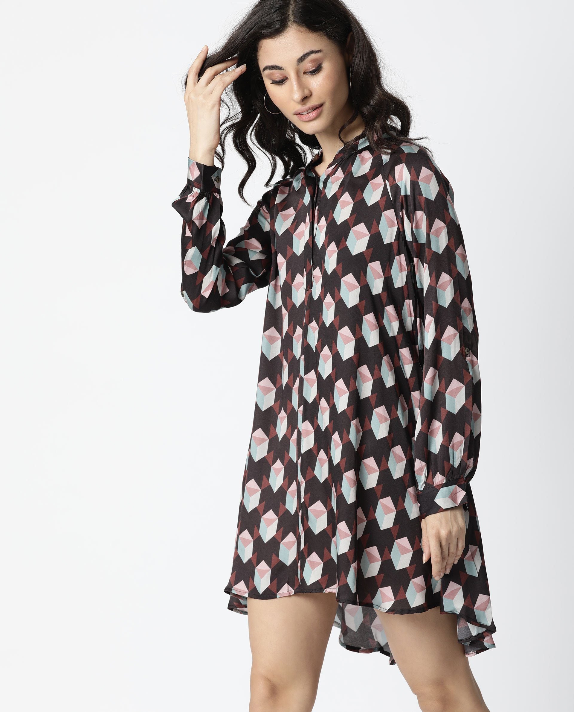 Rareism Women Engine Brown Dress Full Sleeves Printed