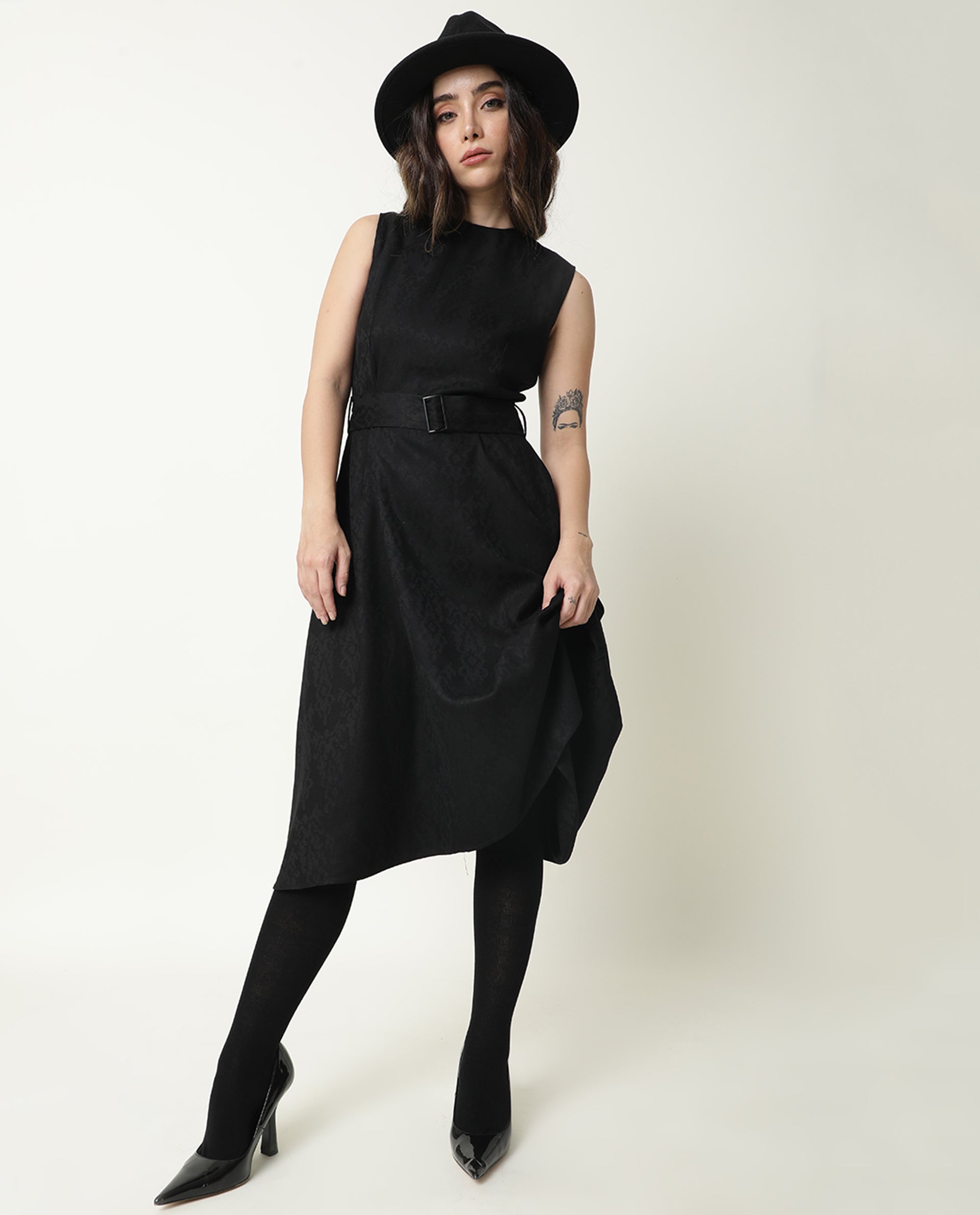 Rareism Women Lacau Black Boat Neck Sleeveless With Fabric Belt Buckle Back Zip Closure Midi Dress