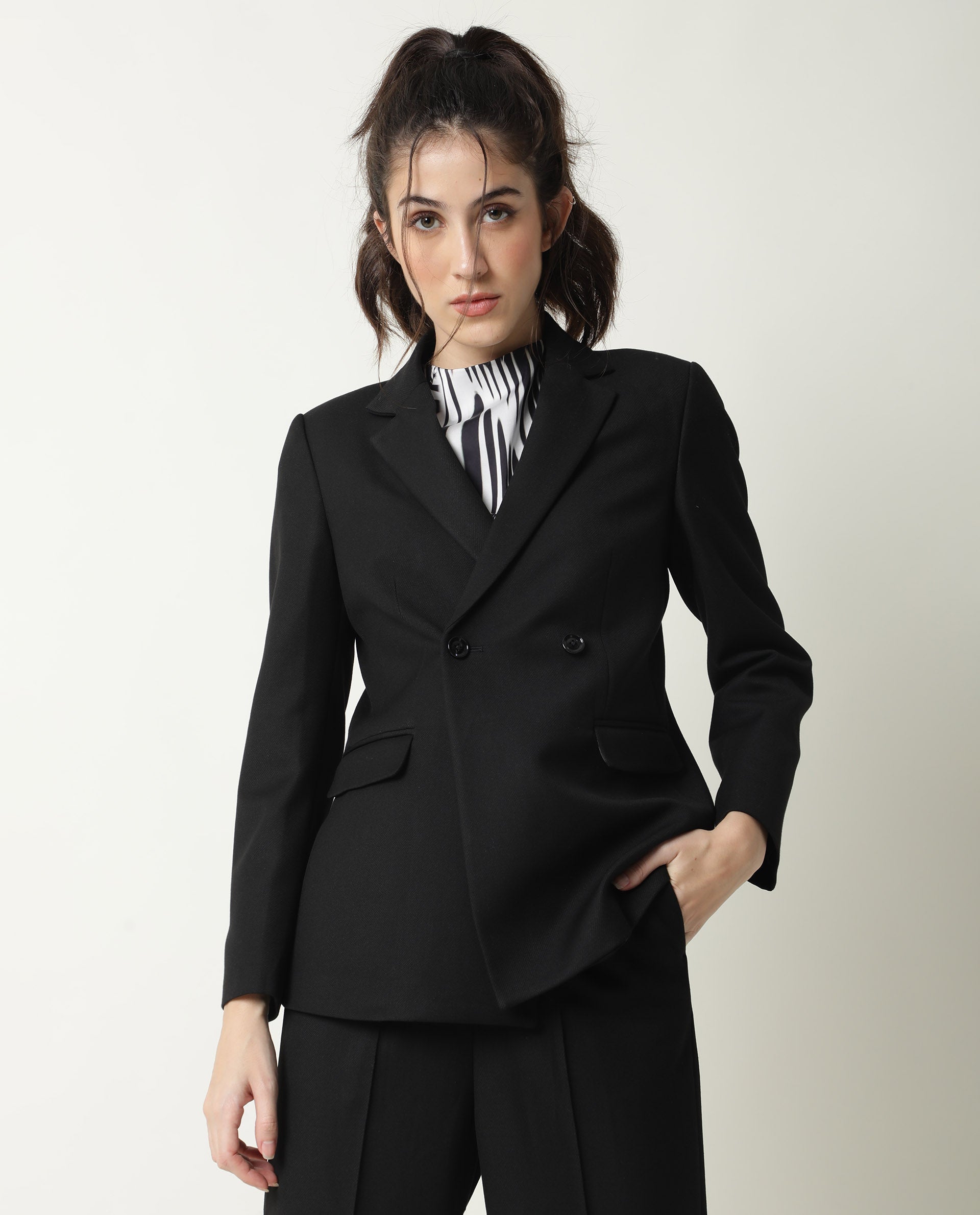 Rareism Womens Yara Black Blazer Poly Viscose Elastane Fabric Regular Fit Full Sleeve Lapel Neck