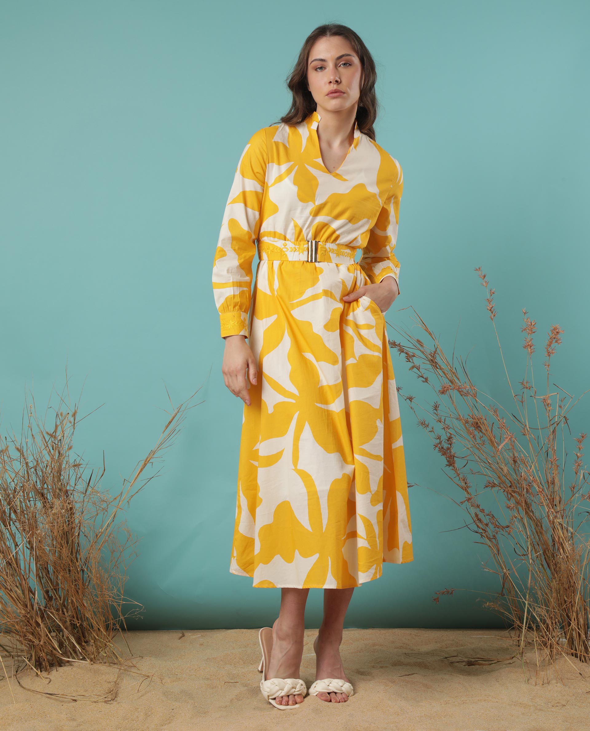 Rareism Women Eliott White Floral Print Mandarin Collar V Neck Full Sleeves With Cuff And Fabric Waist Belt Midi Dress