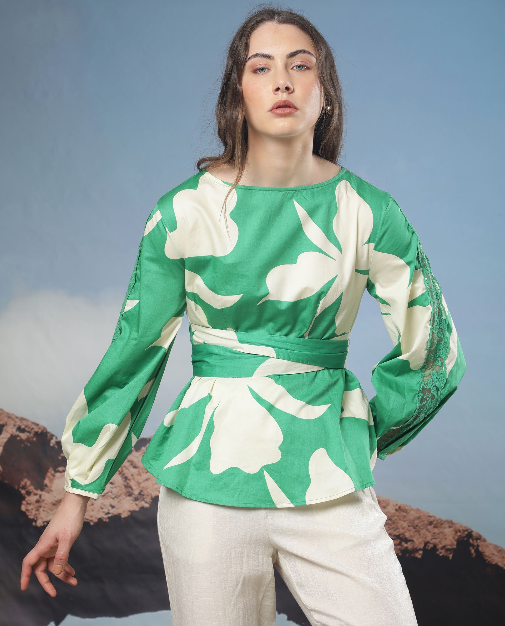 Rareism Women Sloane Green Top Cotton Fabric Full Sleeves Print